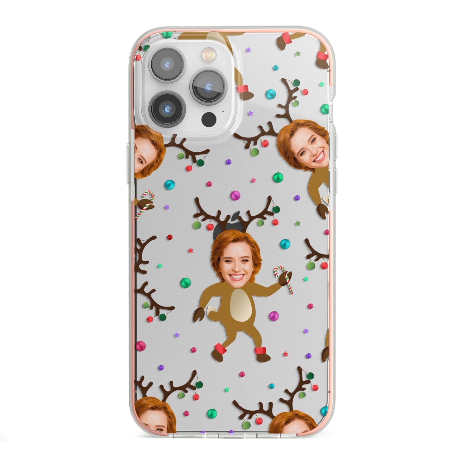 Reindeer Photo Face iPhone 13 Pro Max TPU Impact Case with Pink Edges