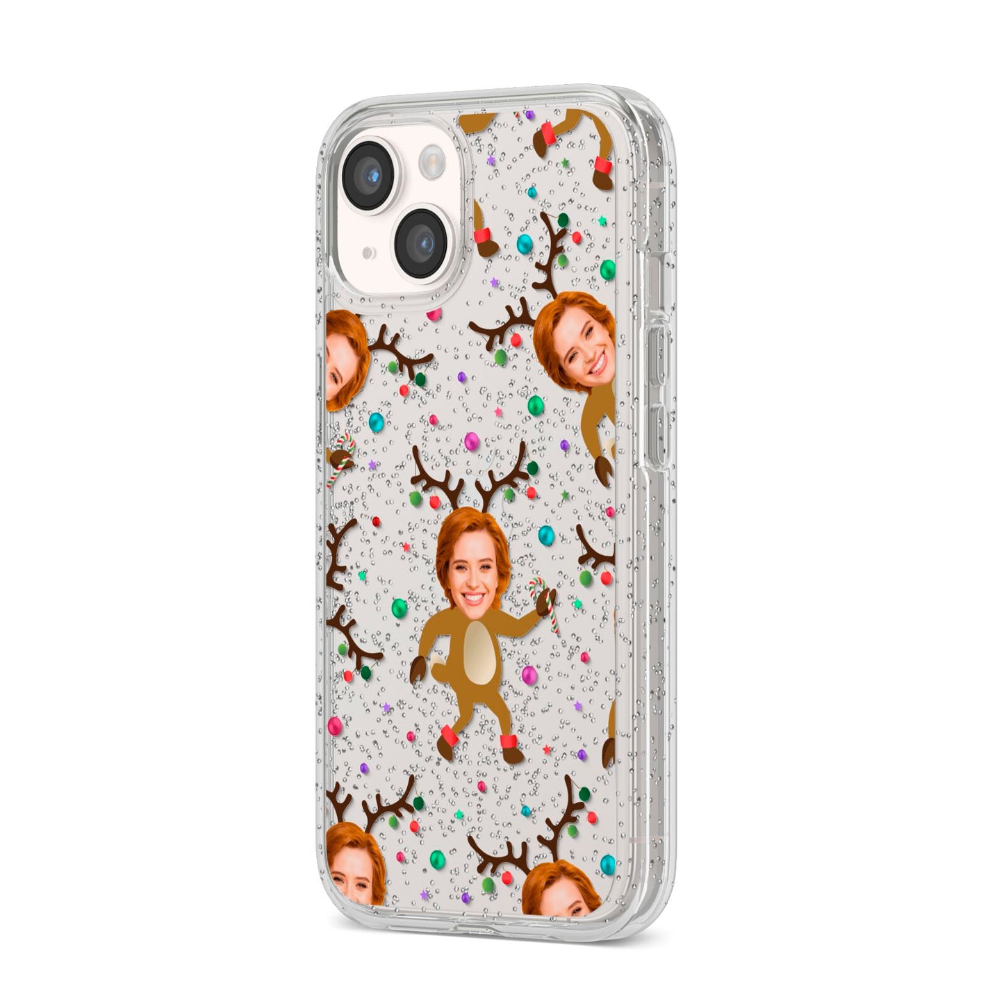 Reindeer Photo Face iPhone 14 Glitter Tough Case Starlight Angled Image