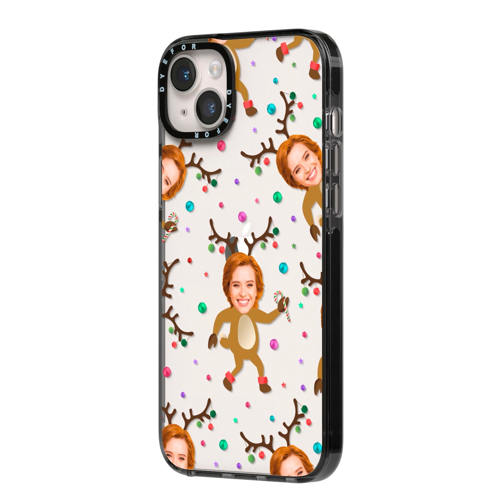 Reindeer Photo Face iPhone 14 Plus Black Impact Case Side Angle on Silver phone