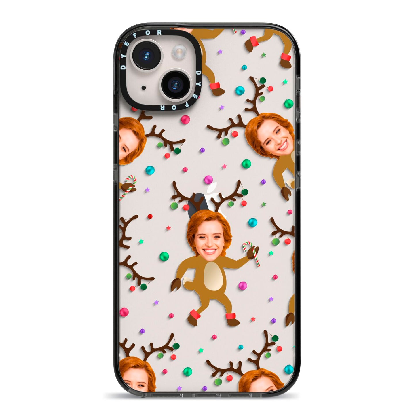 Reindeer Photo Face iPhone 14 Plus Black Impact Case on Silver phone