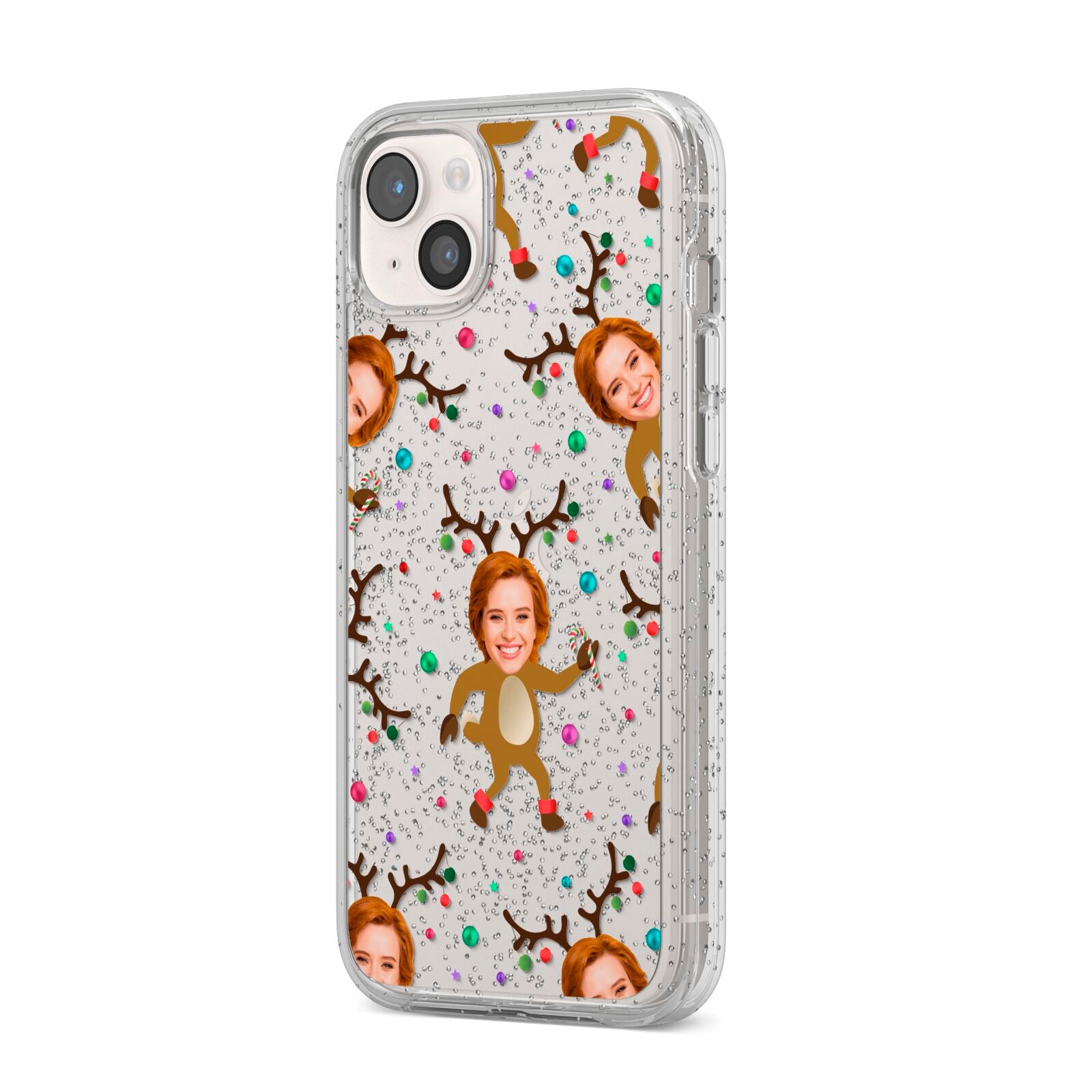 Reindeer Photo Face iPhone 14 Plus Glitter Tough Case Starlight Angled Image