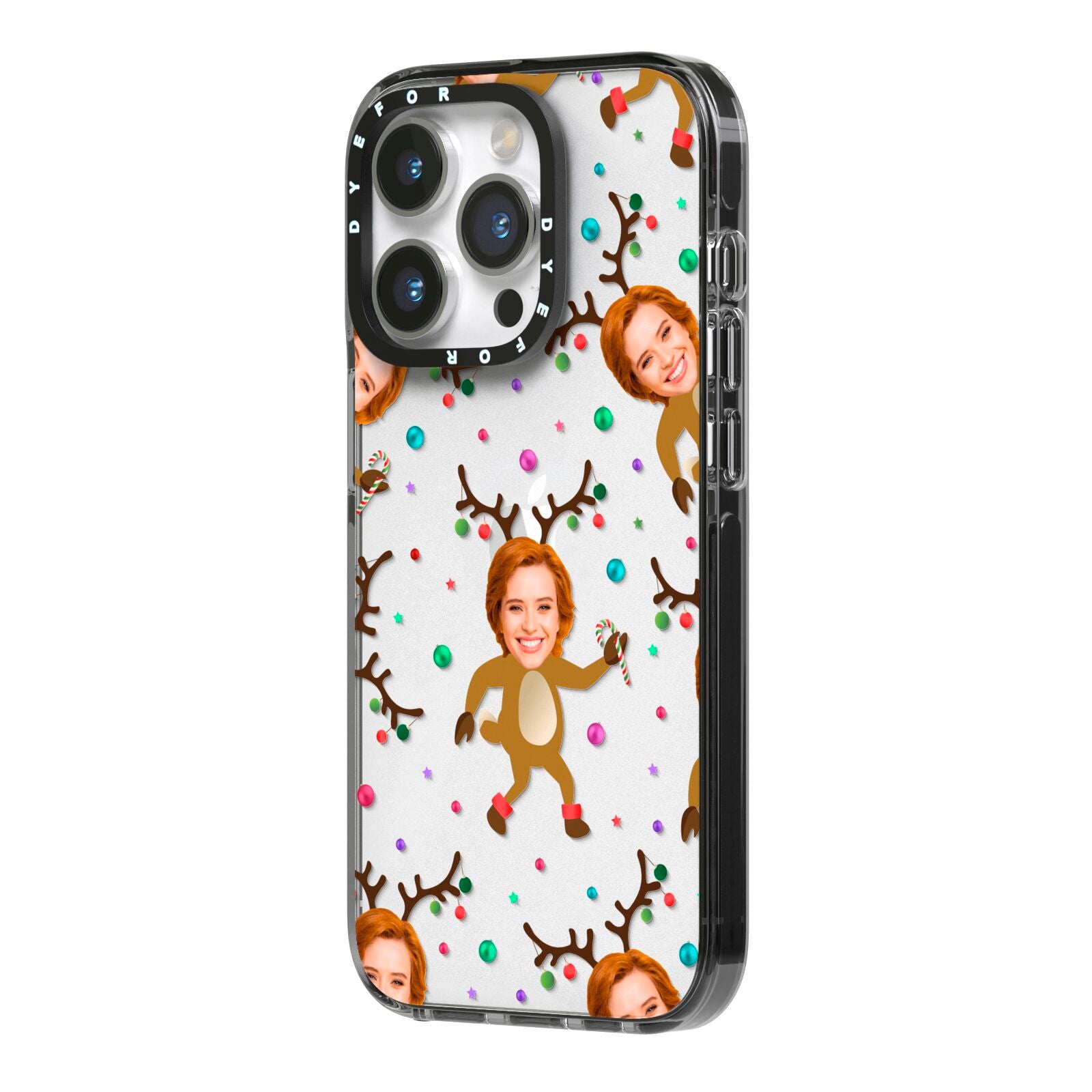 Reindeer Photo Face iPhone 14 Pro Black Impact Case Side Angle on Silver phone