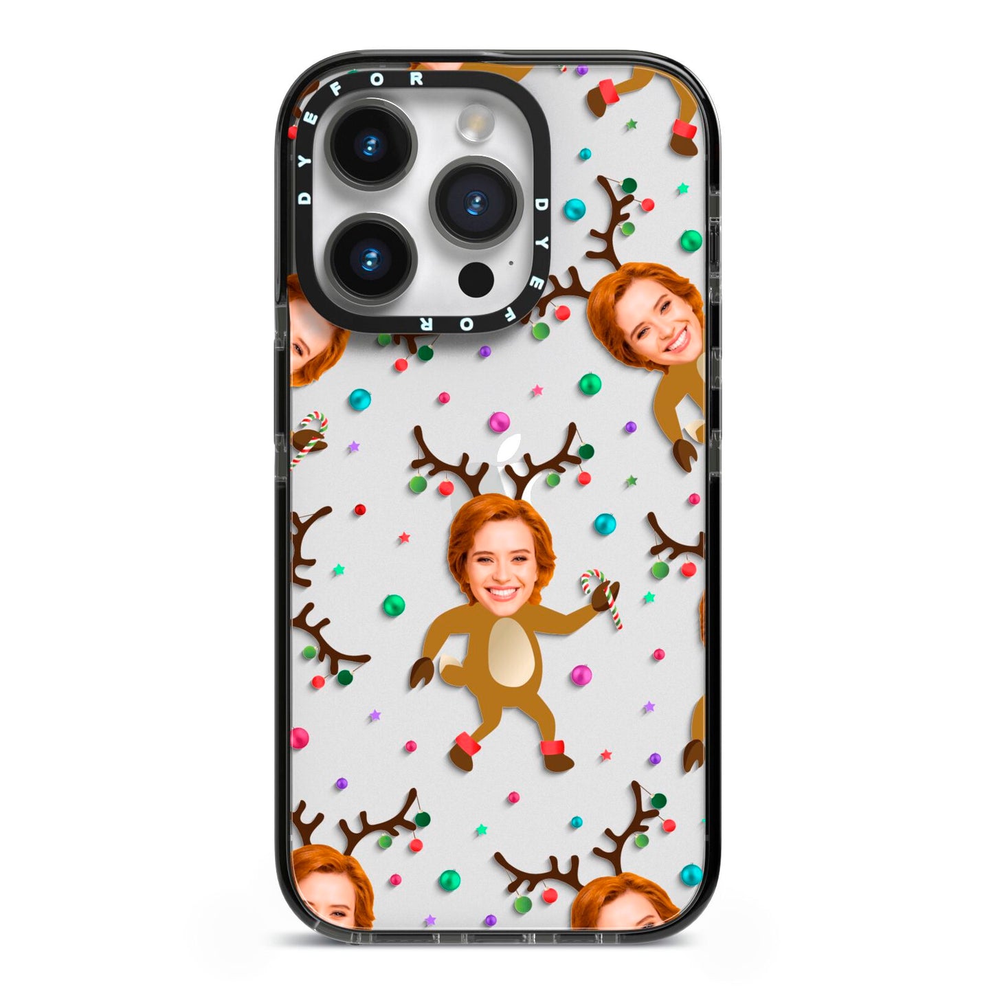 Reindeer Photo Face iPhone 14 Pro Black Impact Case on Silver phone
