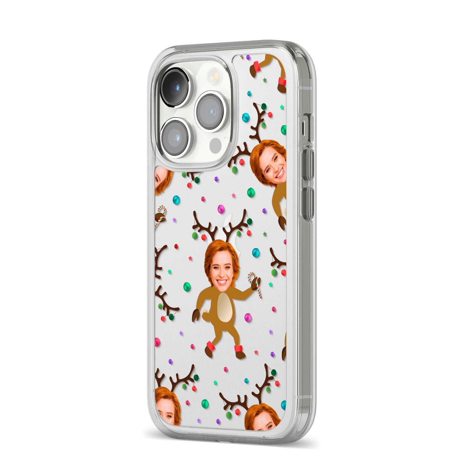 Reindeer Photo Face iPhone 14 Pro Clear Tough Case Silver Angled Image