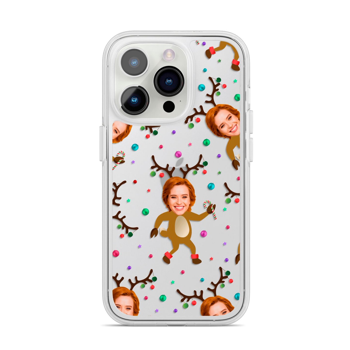 Reindeer Photo Face iPhone 14 Pro Clear Tough Case Silver