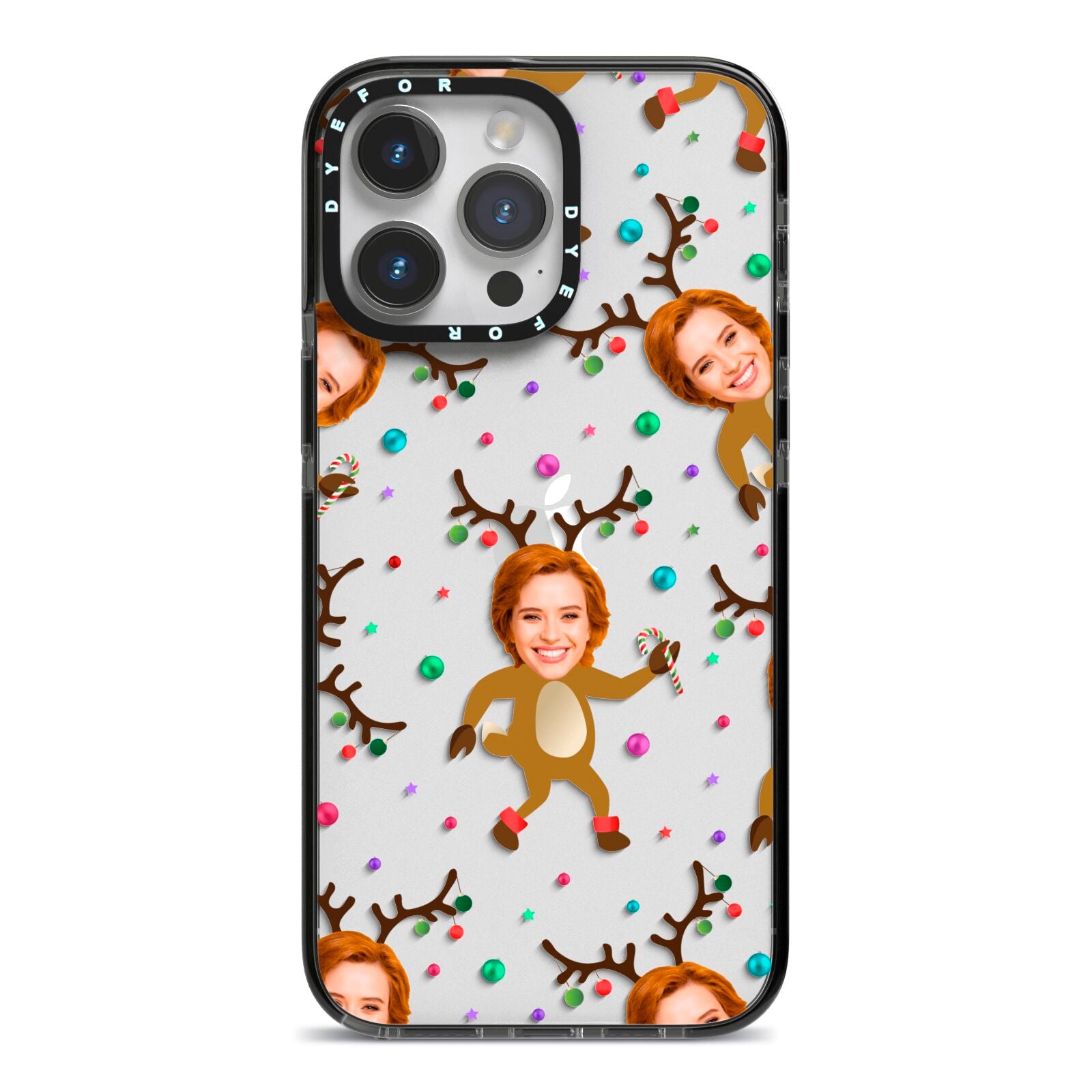 Reindeer Photo Face iPhone 14 Pro Max Black Impact Case on Silver phone