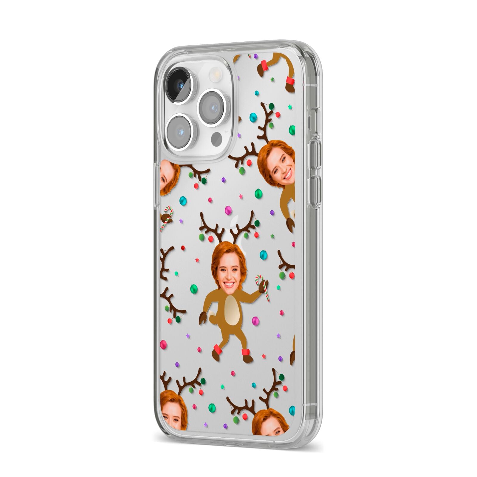Reindeer Photo Face iPhone 14 Pro Max Clear Tough Case Silver Angled Image