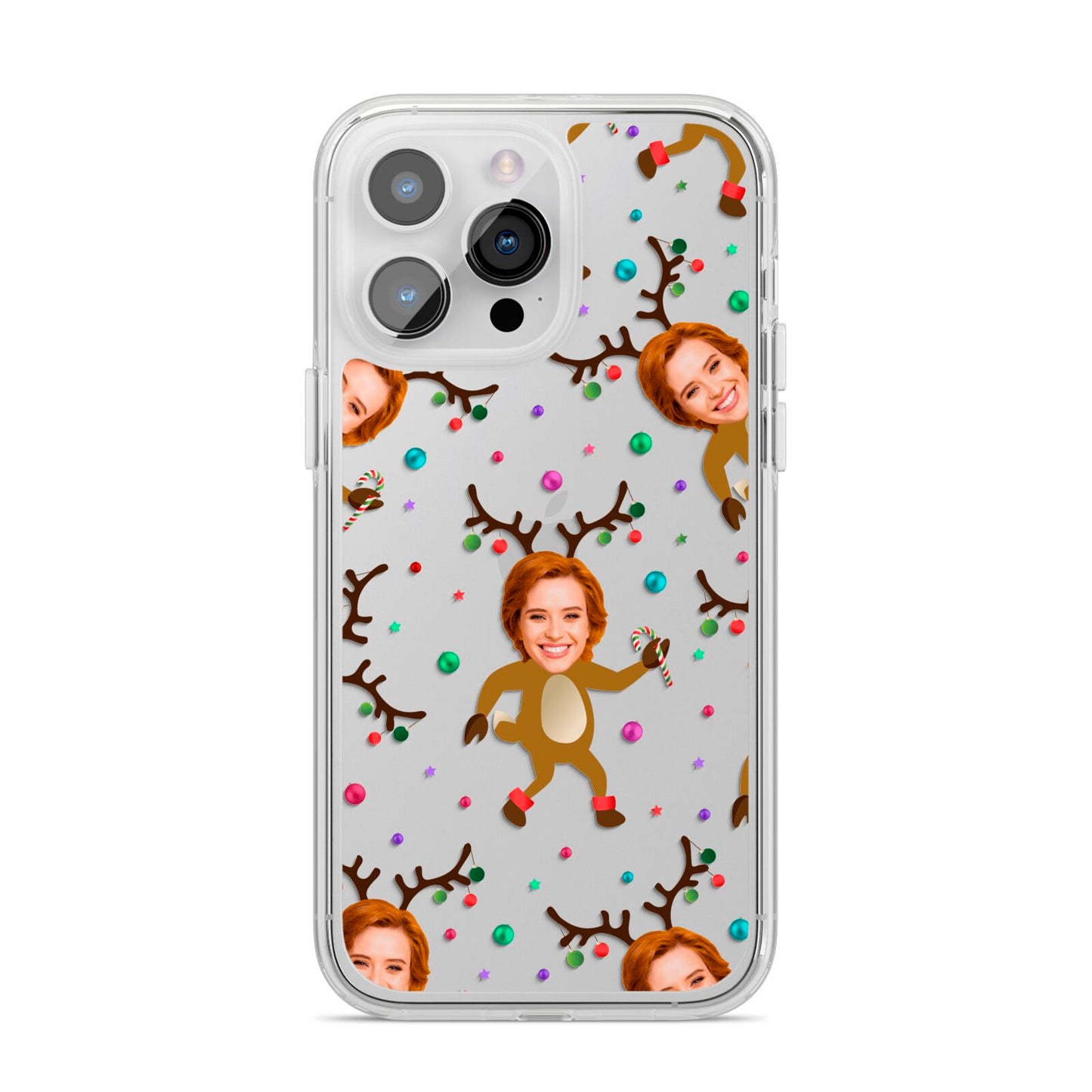 Reindeer Photo Face iPhone 14 Pro Max Clear Tough Case Silver