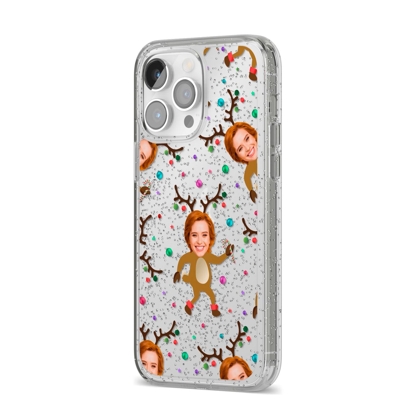 Reindeer Photo Face iPhone 14 Pro Max Glitter Tough Case Silver Angled Image
