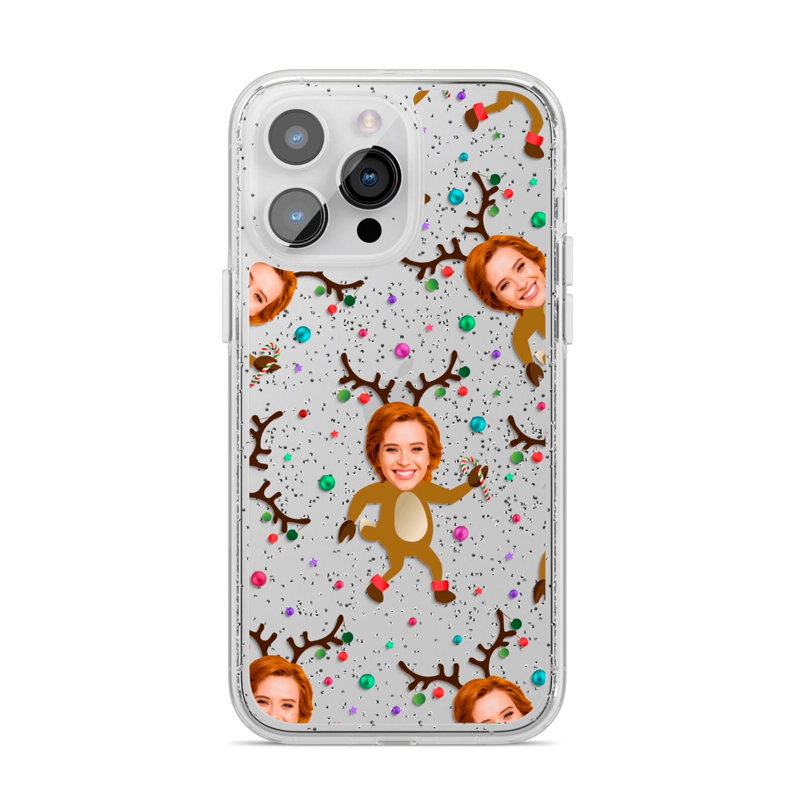 Reindeer Photo Face iPhone 14 Pro Max Glitter Tough Case Silver