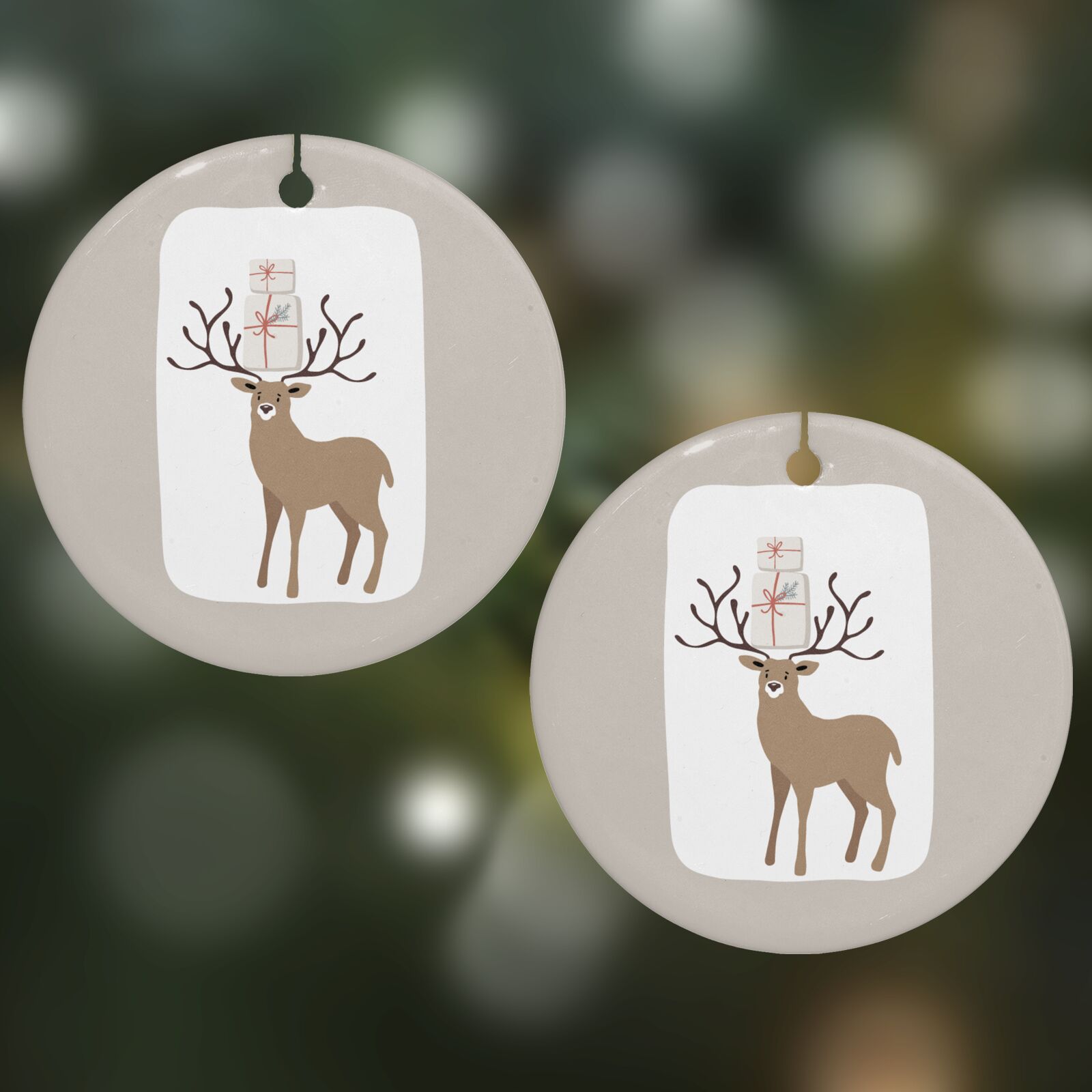 Reindeer Presents Round Decoration on Christmas Background