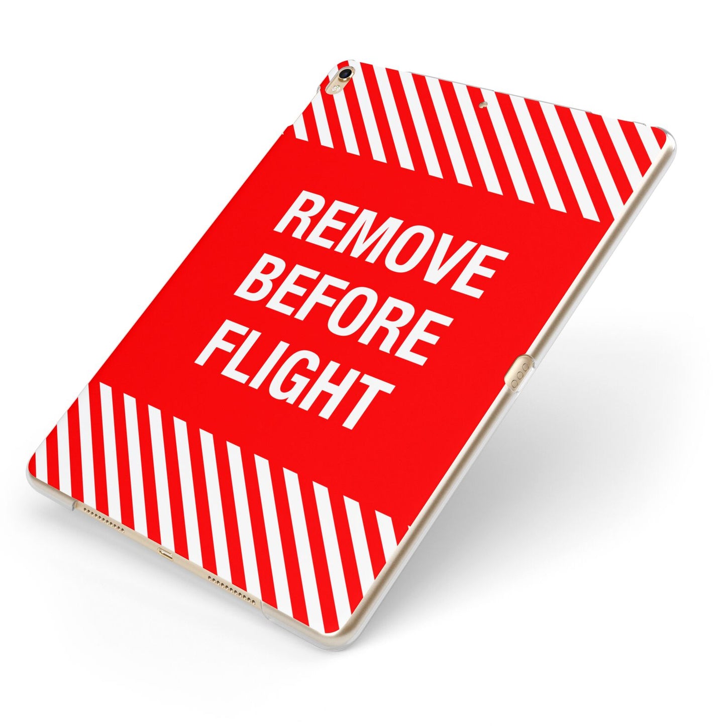 Remove Before Flight Apple iPad Case on Gold iPad Side View