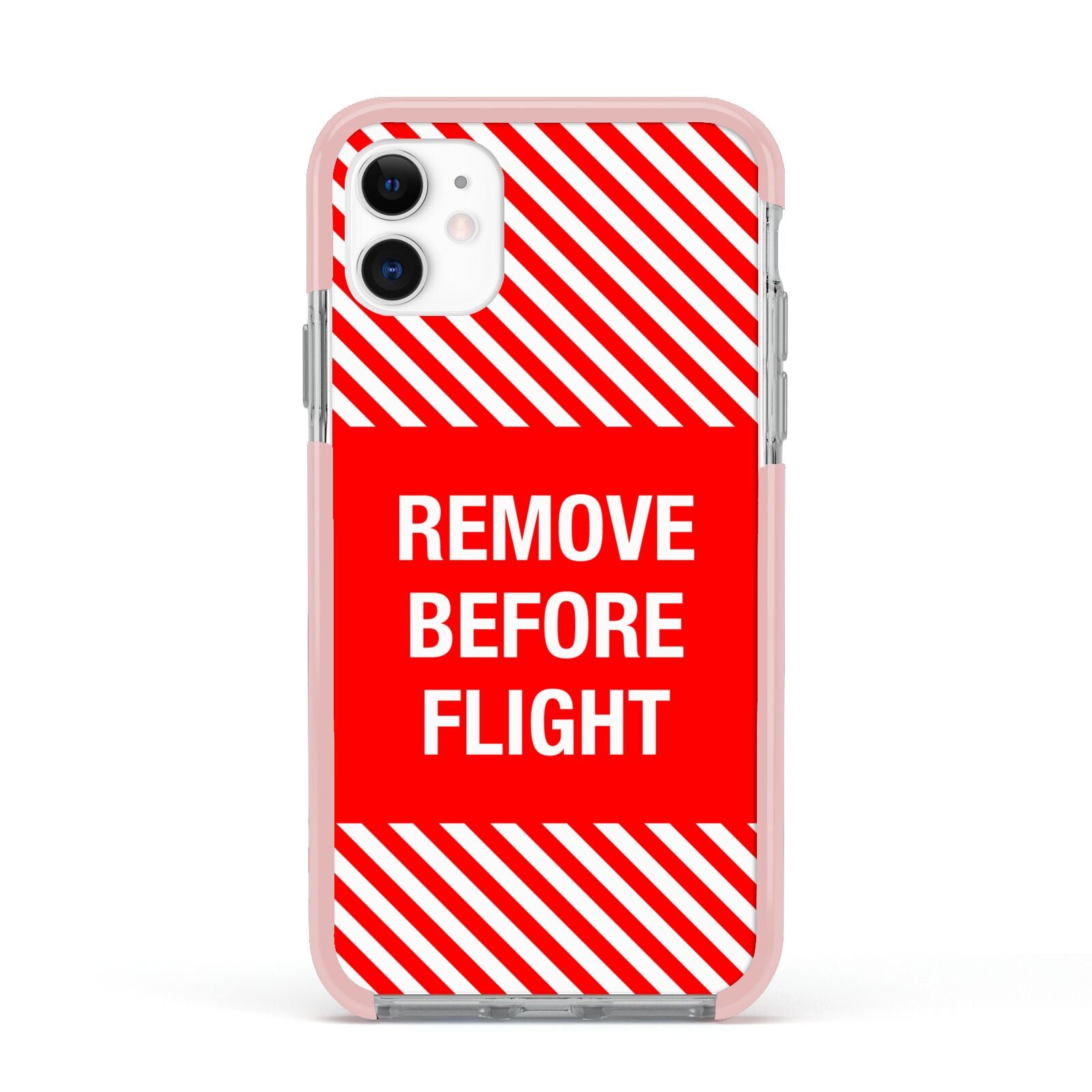 Remove Before Flight Apple iPhone 11 in White with Pink Impact Case