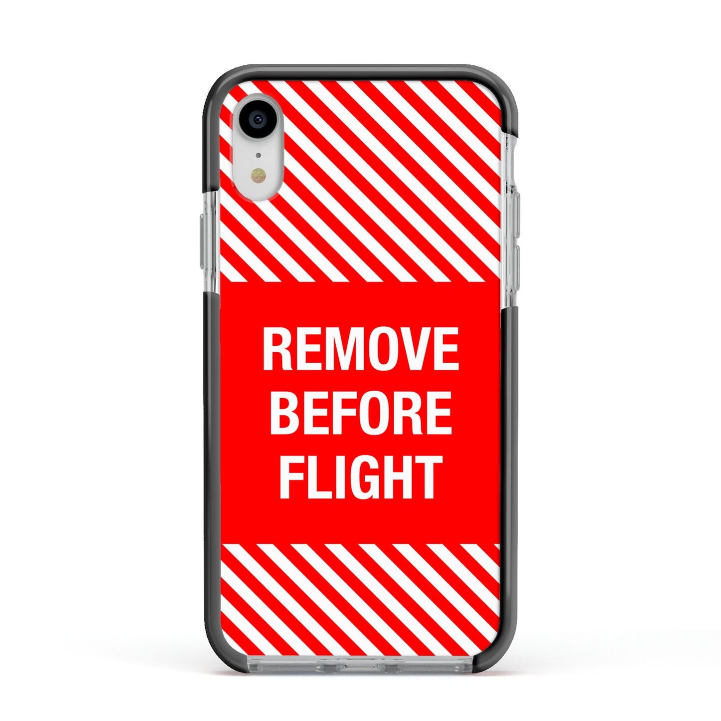 Remove Before Flight Apple iPhone XR Impact Case Black Edge on Silver Phone