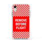 Remove Before Flight Apple iPhone XR Impact Case Pink Edge on Silver Phone