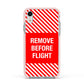 Remove Before Flight Apple iPhone XR Impact Case Pink Edge on Silver Phone