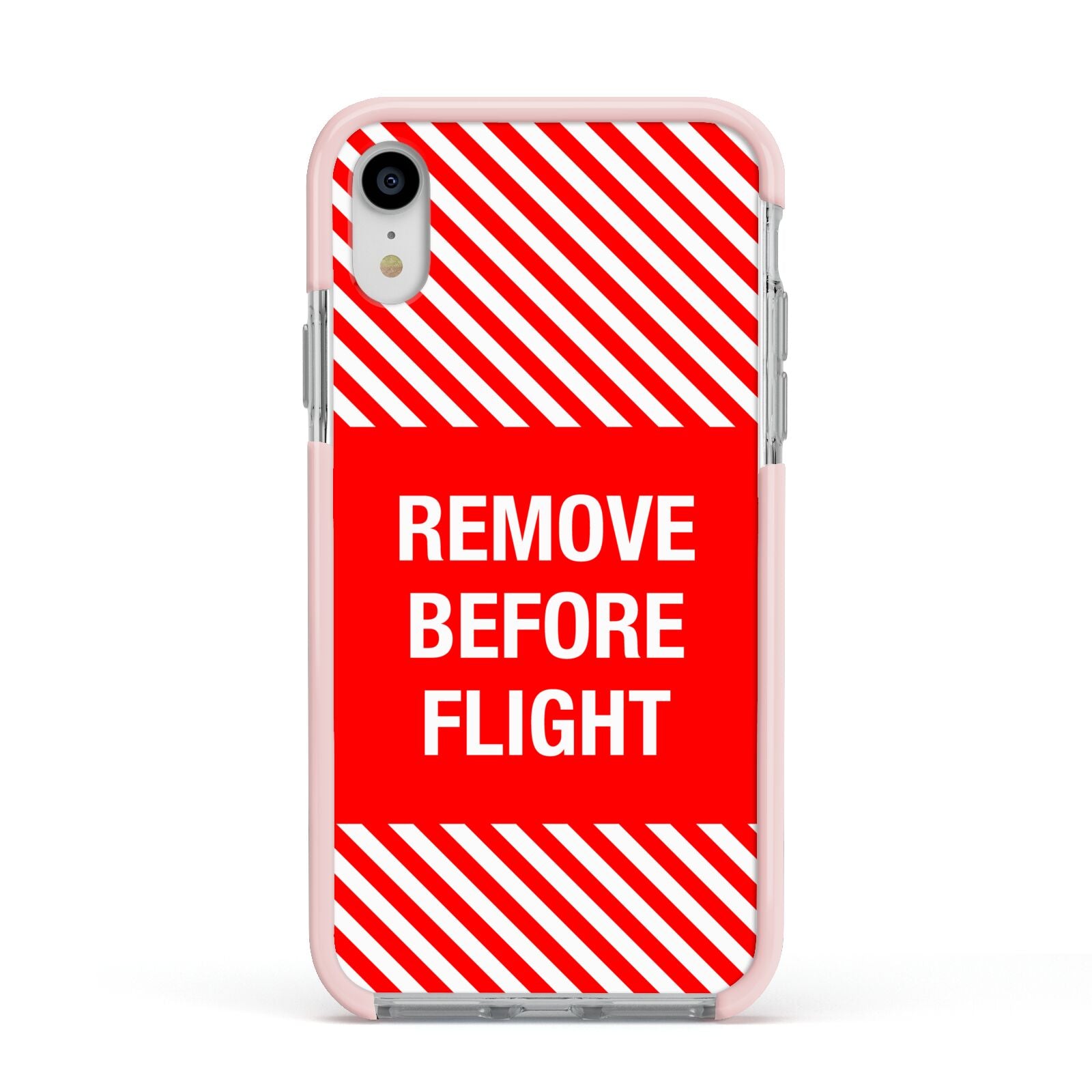 Remove Before Flight Apple iPhone XR Impact Case Pink Edge on Silver Phone