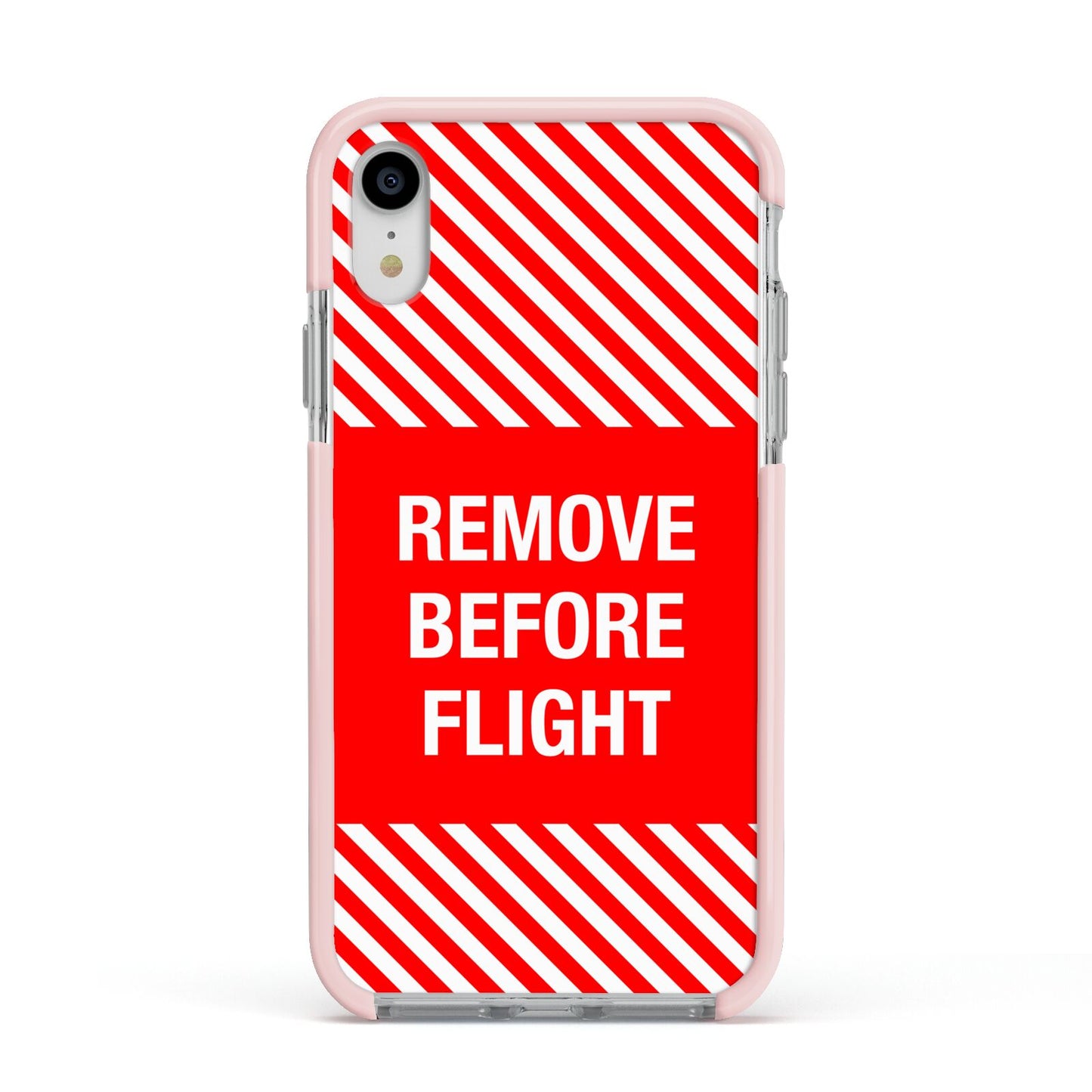 Remove Before Flight Apple iPhone XR Impact Case Pink Edge on Silver Phone
