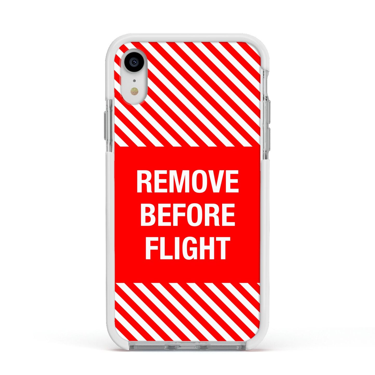 Remove Before Flight Apple iPhone XR Impact Case White Edge on Silver Phone