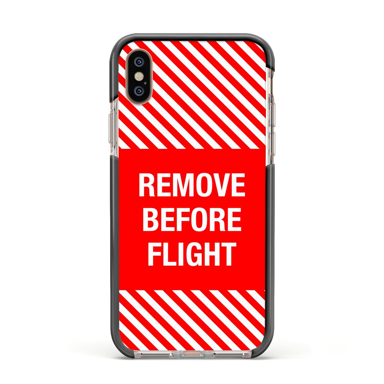 Remove Before Flight Apple iPhone Xs Impact Case Black Edge on Gold Phone