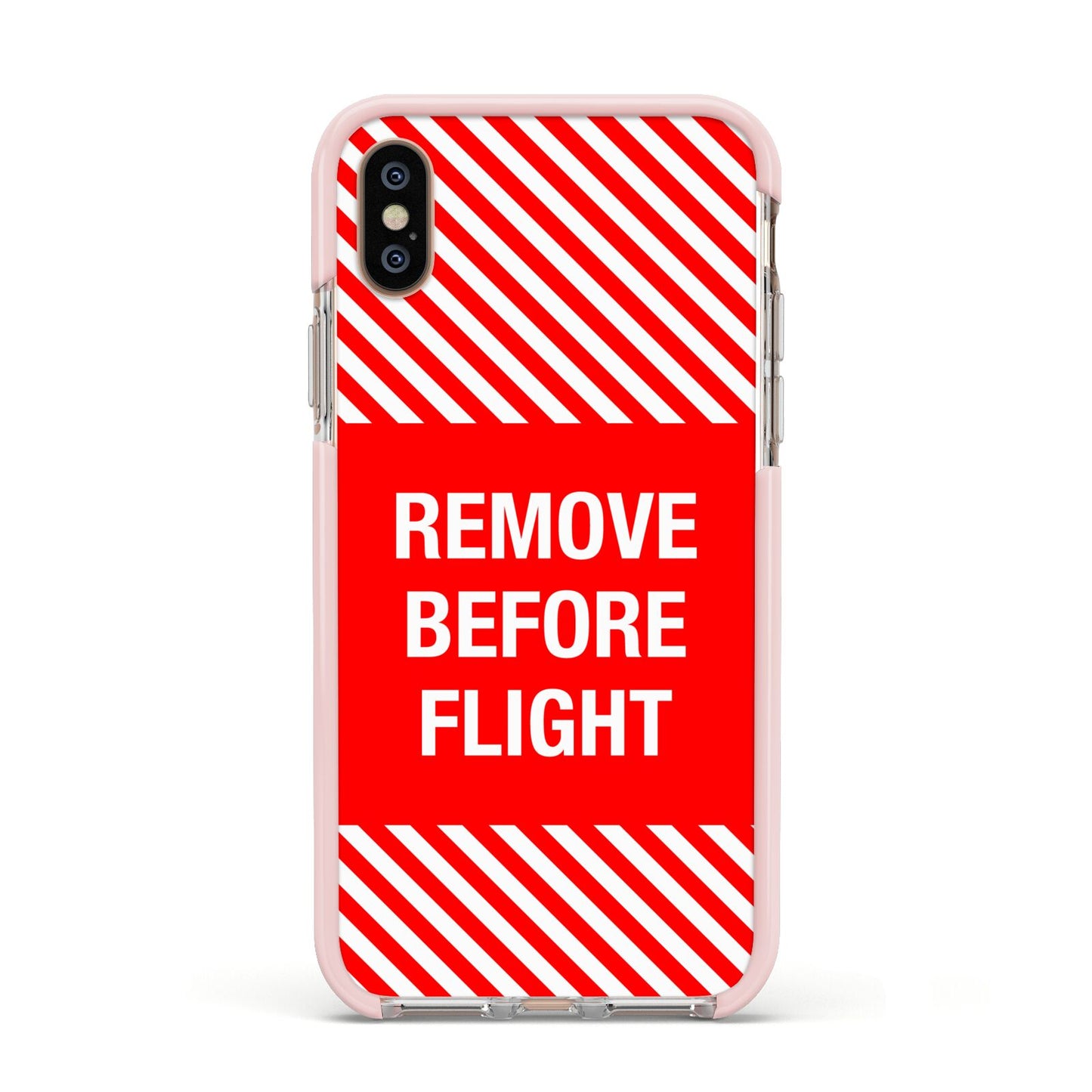 Remove Before Flight Apple iPhone Xs Impact Case Pink Edge on Gold Phone