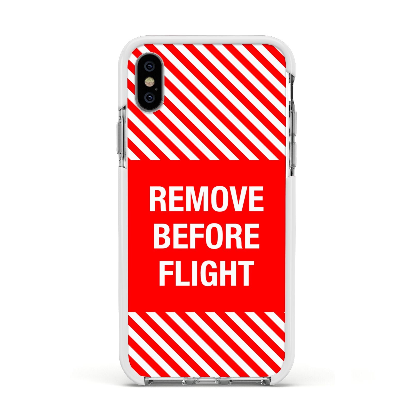 Remove Before Flight Apple iPhone Xs Impact Case White Edge on Silver Phone
