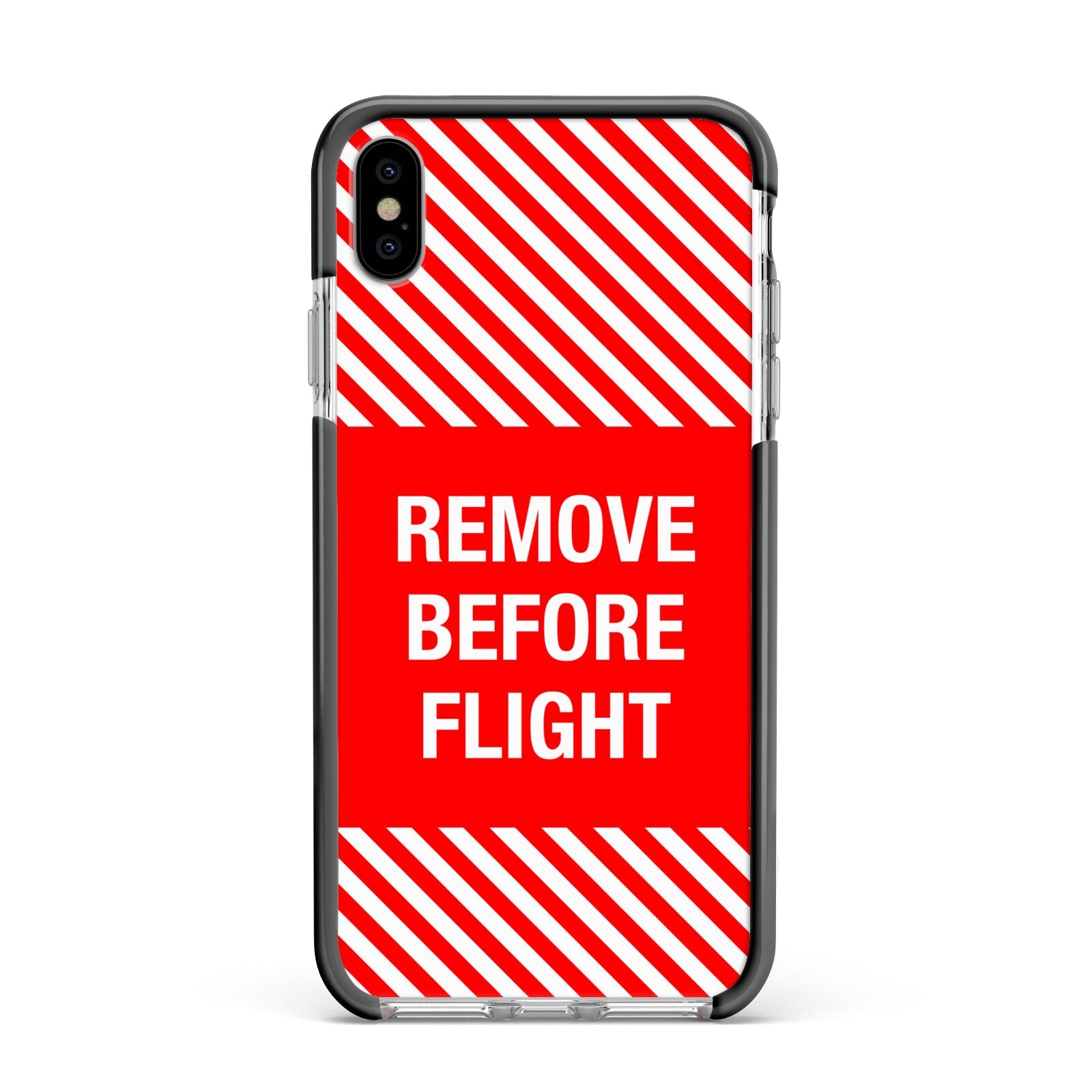 Remove Before Flight Apple iPhone Xs Max Impact Case Black Edge on Silver Phone
