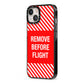 Remove Before Flight iPhone 13 Black Impact Case Side Angle on Silver phone