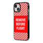 Remove Before Flight iPhone 13 Black Impact Case Side Angle on Silver phone