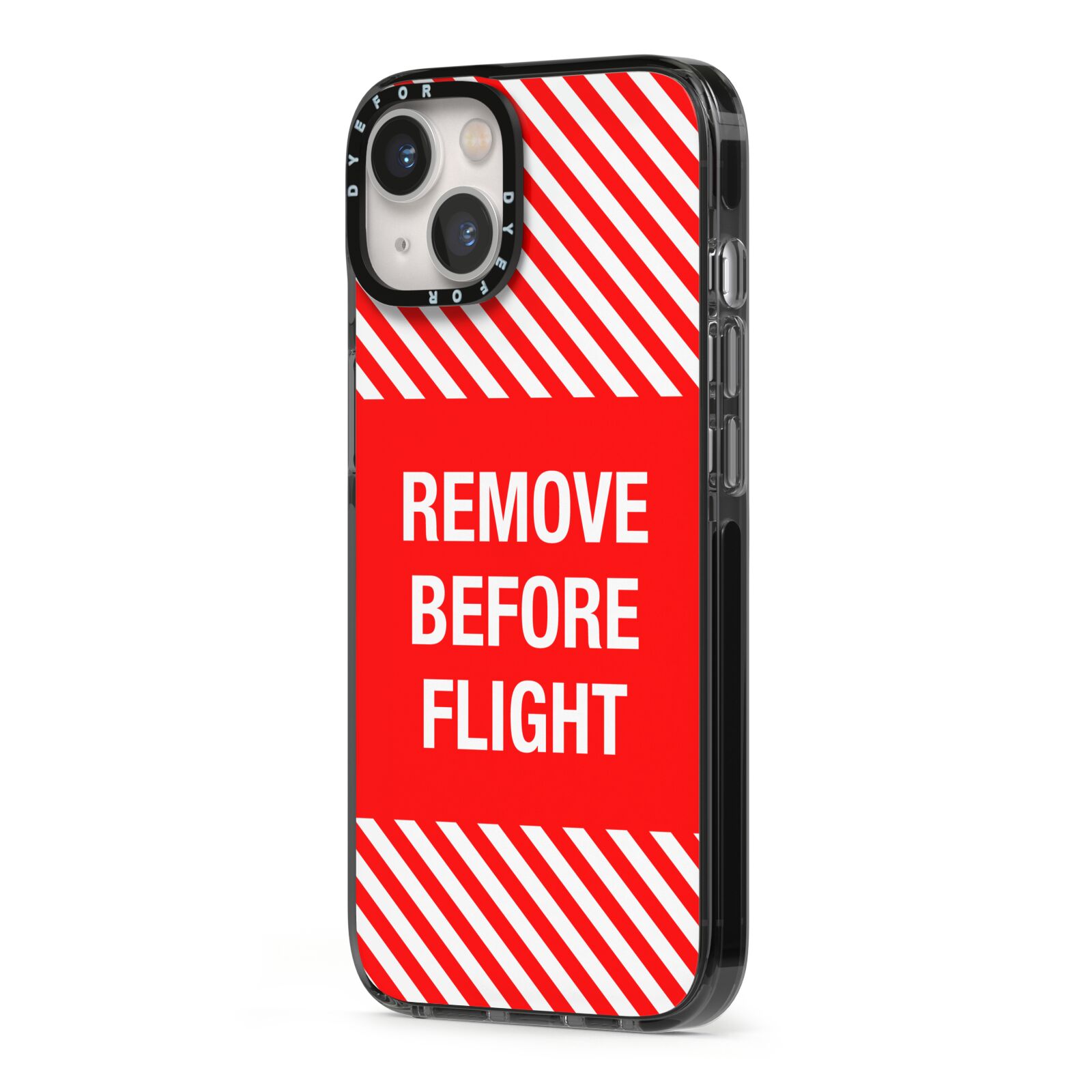 Remove Before Flight iPhone 13 Black Impact Case Side Angle on Silver phone