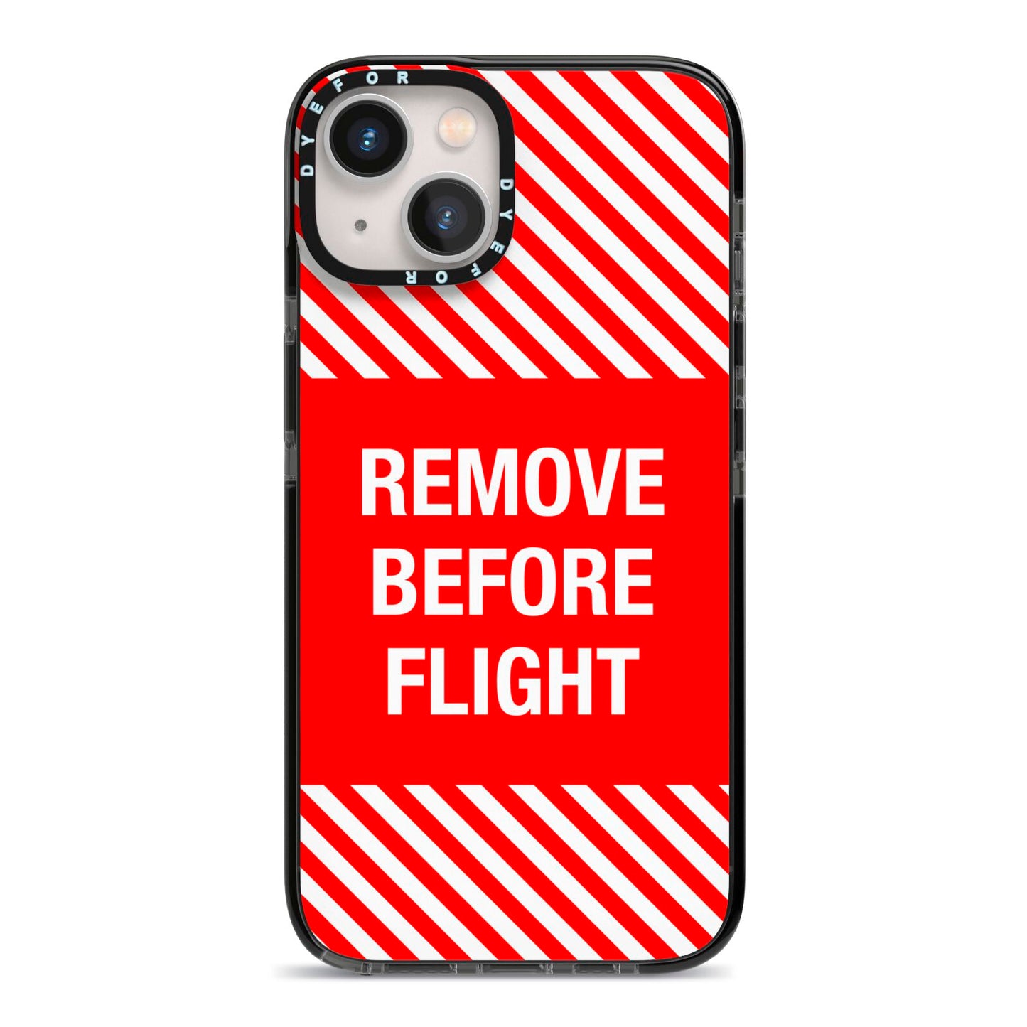 Remove Before Flight iPhone 13 Black Impact Case on Silver phone