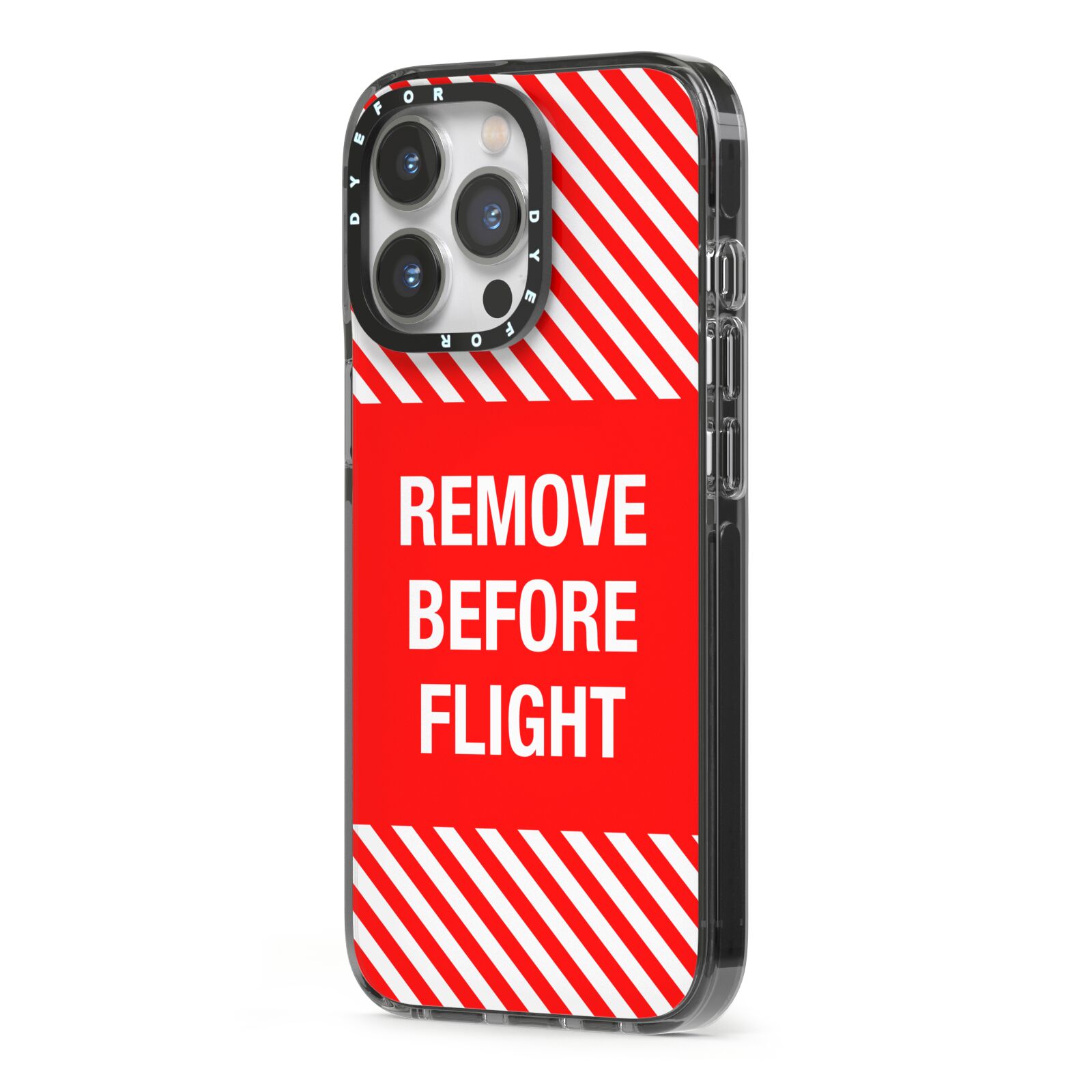Remove Before Flight iPhone 13 Pro Black Impact Case Side Angle on Silver phone