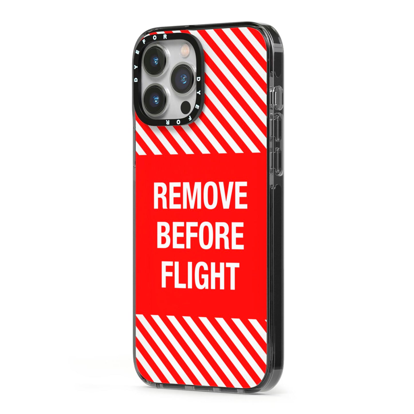 Remove Before Flight iPhone 13 Pro Max Black Impact Case Side Angle on Silver phone