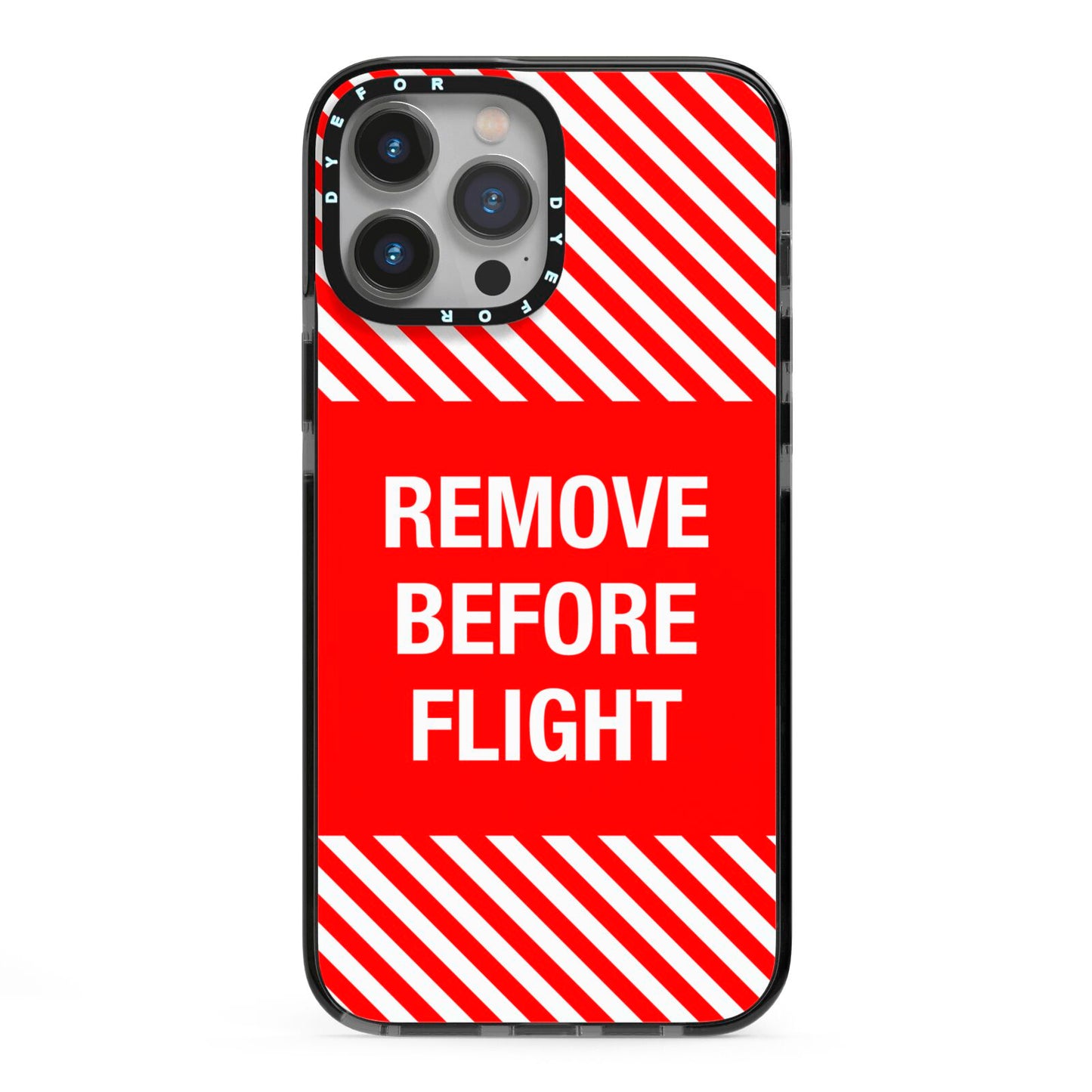 Remove Before Flight iPhone 13 Pro Max Black Impact Case on Silver phone