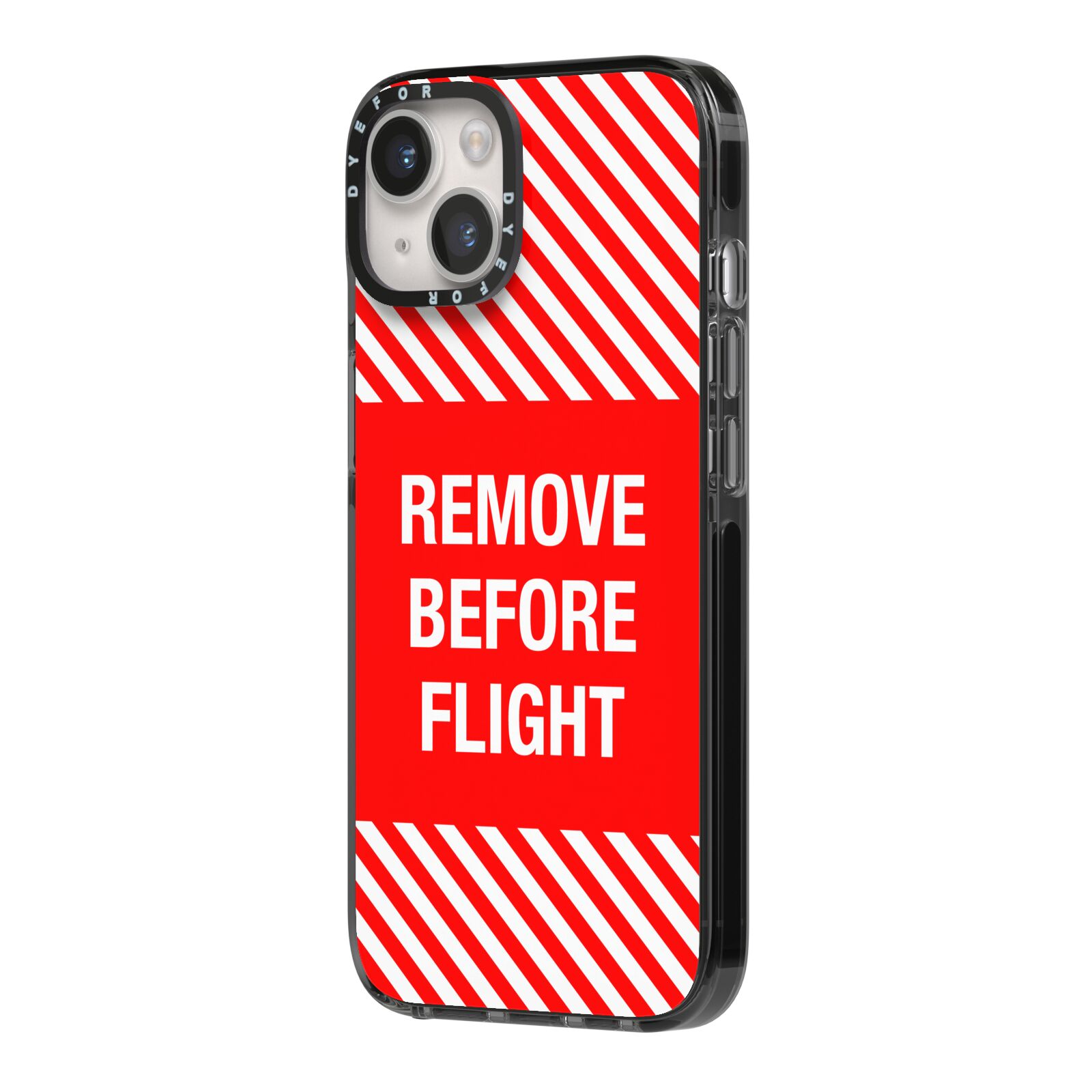 Remove Before Flight iPhone 14 Black Impact Case Side Angle on Silver phone