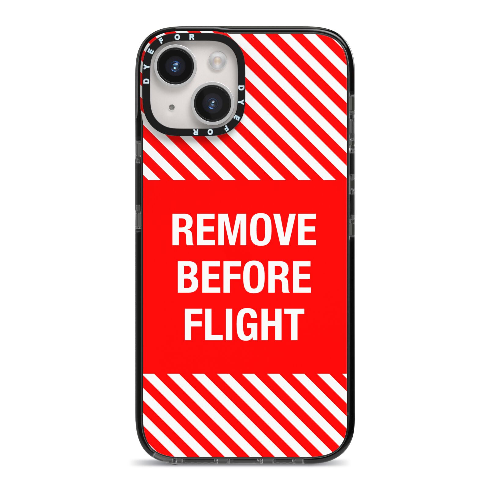 Remove Before Flight iPhone 14 Black Impact Case on Silver phone