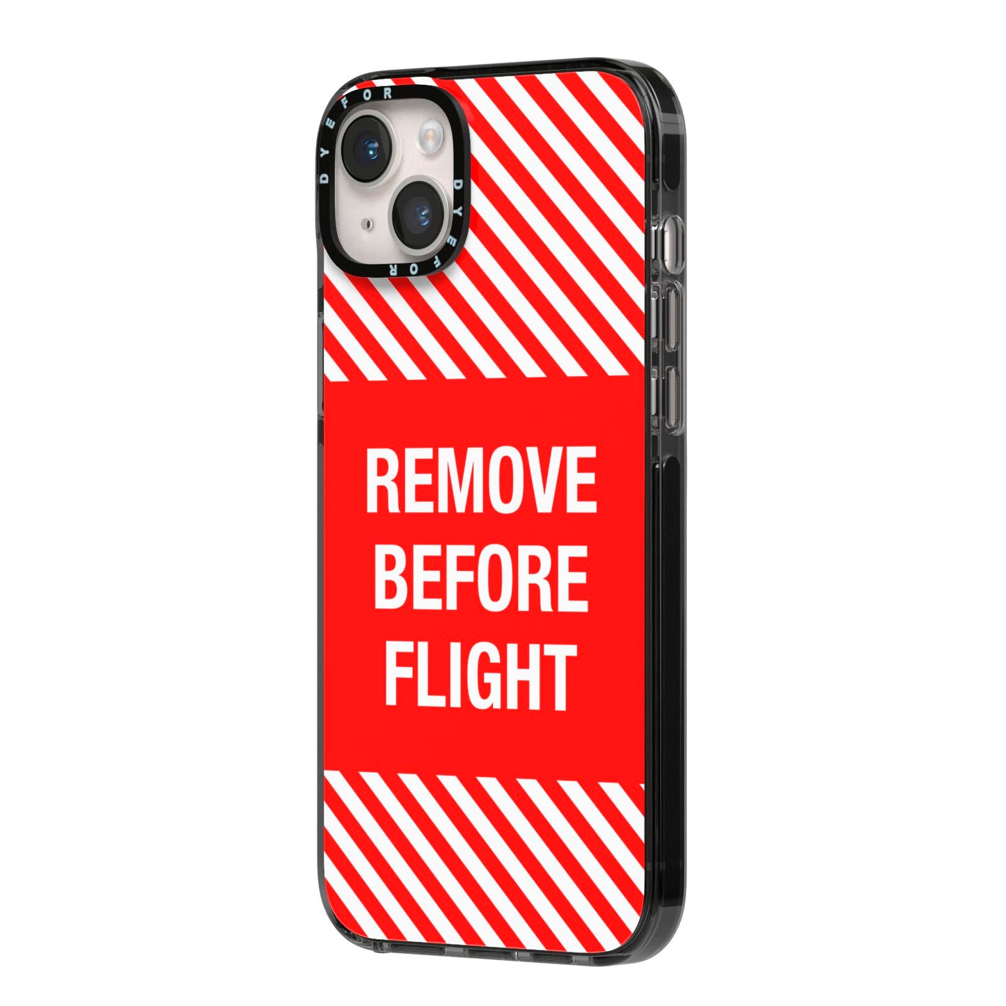 Remove Before Flight iPhone 14 Plus Black Impact Case Side Angle on Silver phone