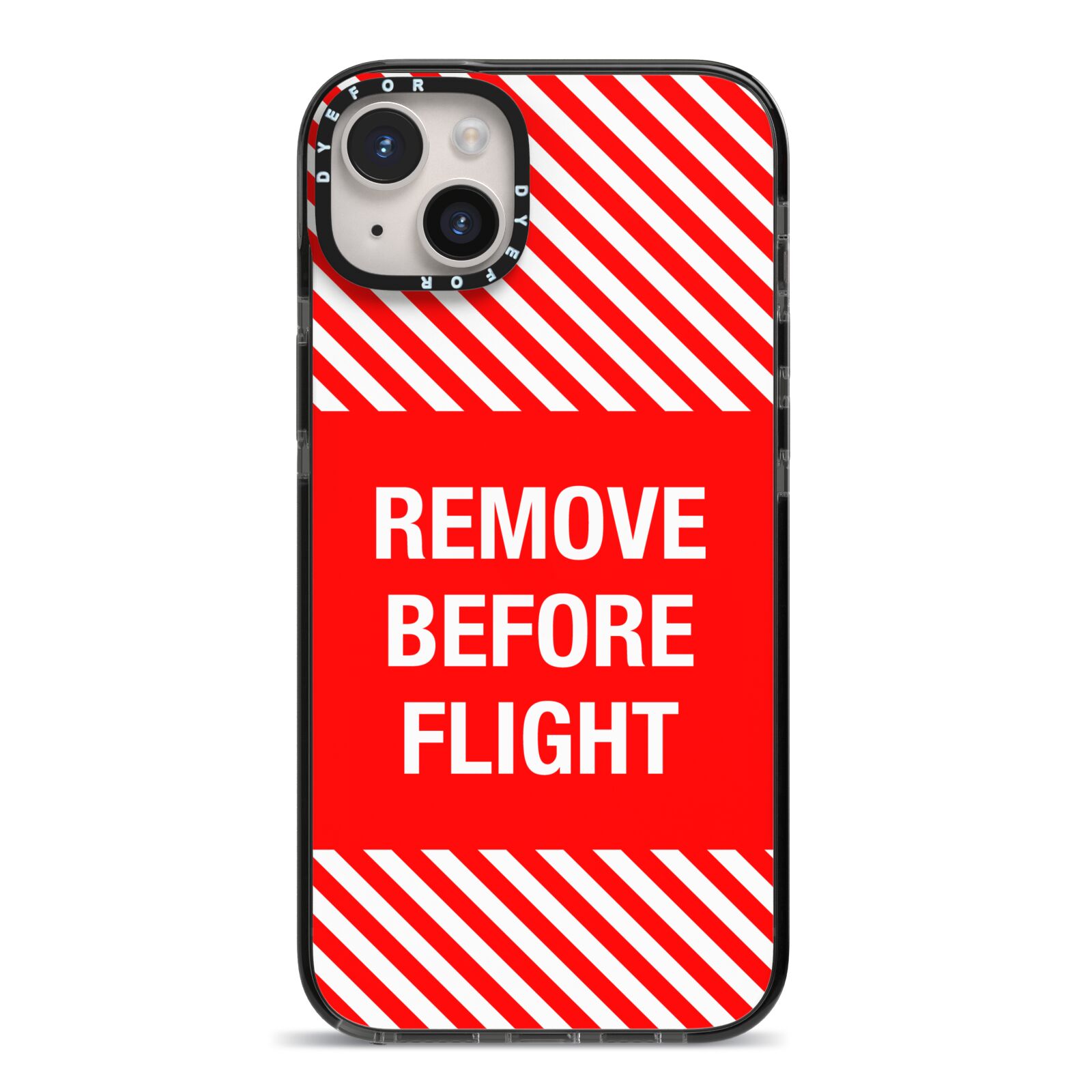 Remove Before Flight iPhone 14 Plus Black Impact Case on Silver phone