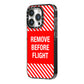 Remove Before Flight iPhone 14 Pro Black Impact Case Side Angle on Silver phone