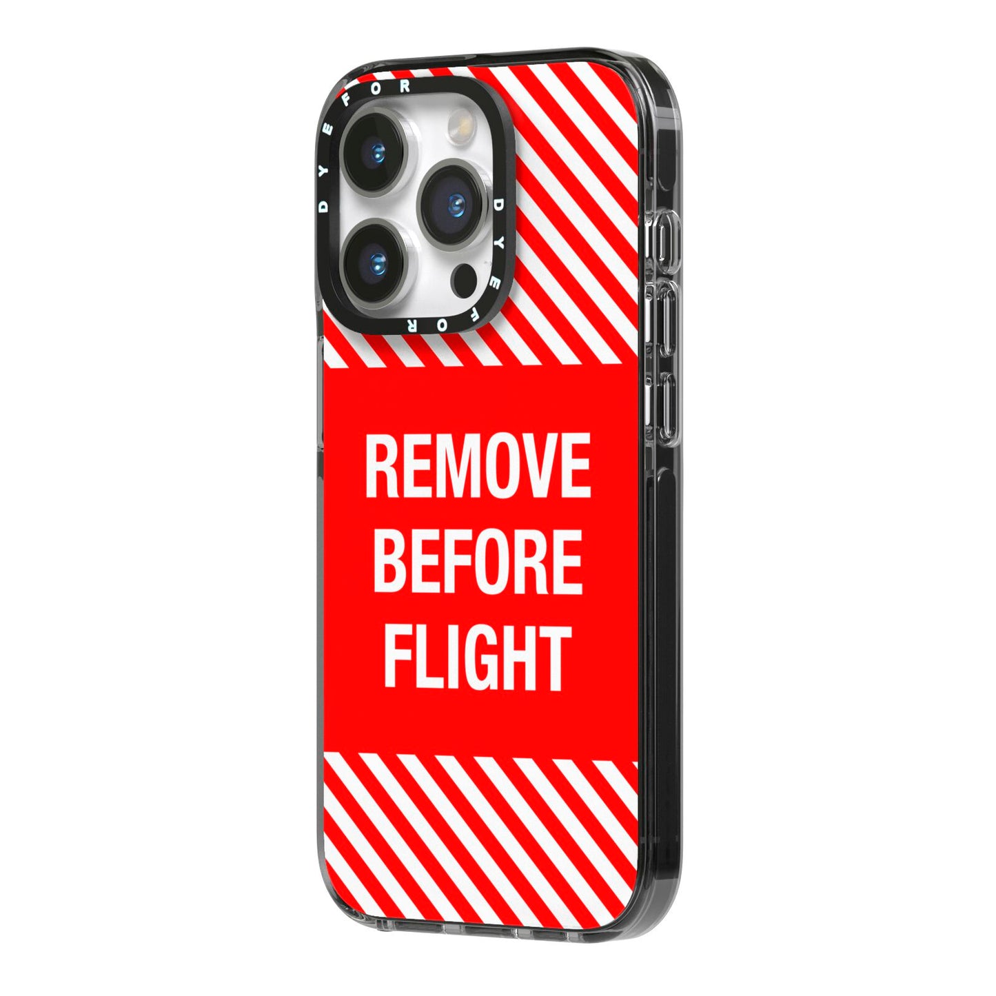Remove Before Flight iPhone 14 Pro Black Impact Case Side Angle on Silver phone