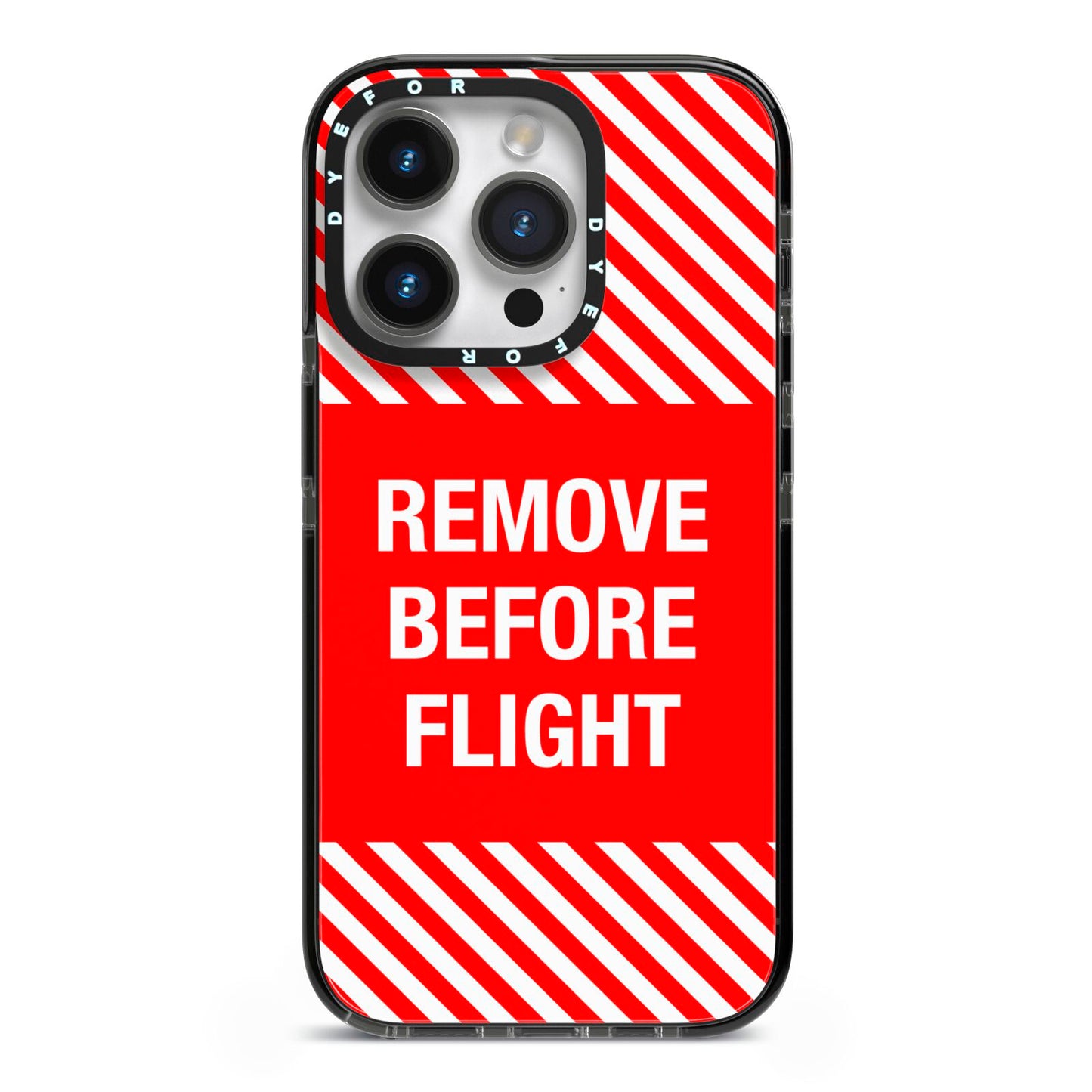 Remove Before Flight iPhone 14 Pro Black Impact Case on Silver phone