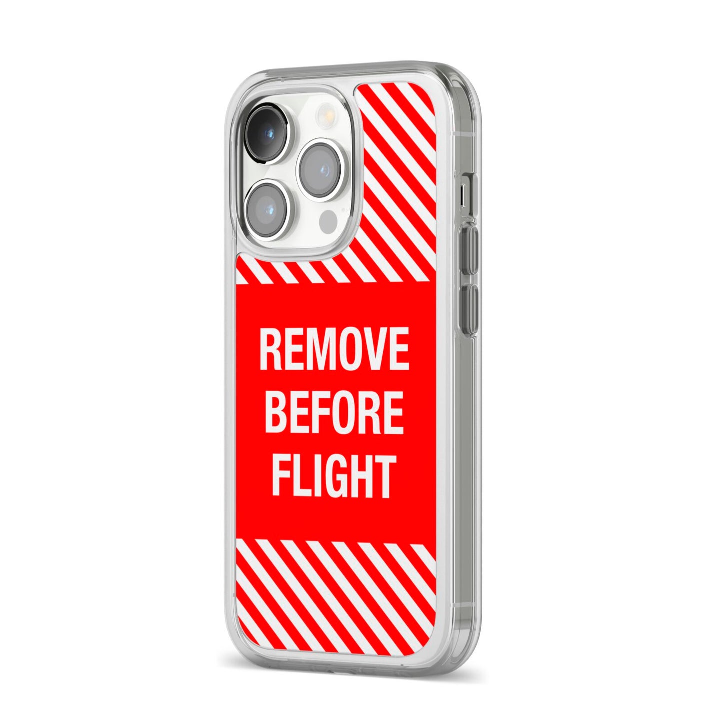 Remove Before Flight iPhone 14 Pro Clear Tough Case Silver Angled Image