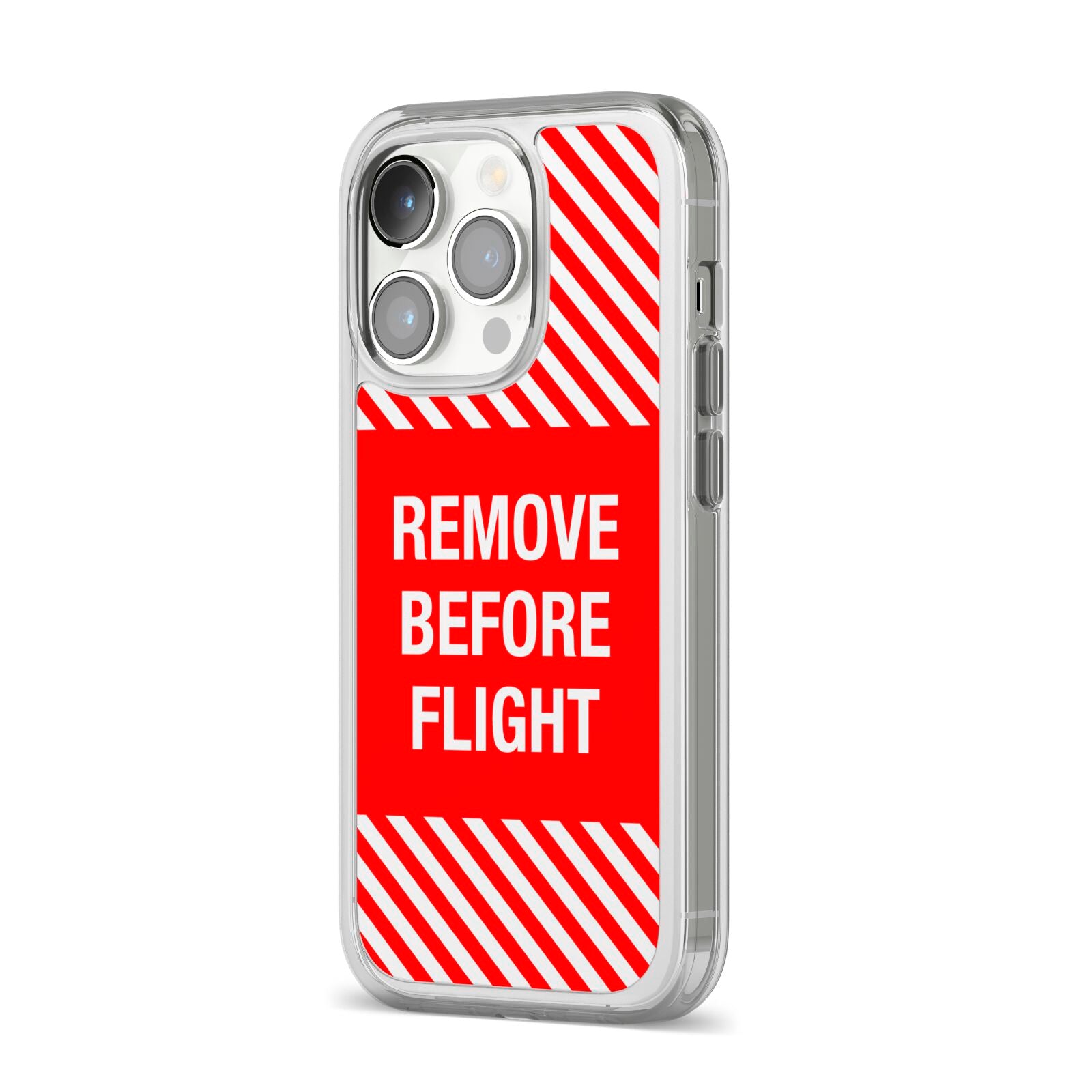 Remove Before Flight iPhone 14 Pro Clear Tough Case Silver Angled Image