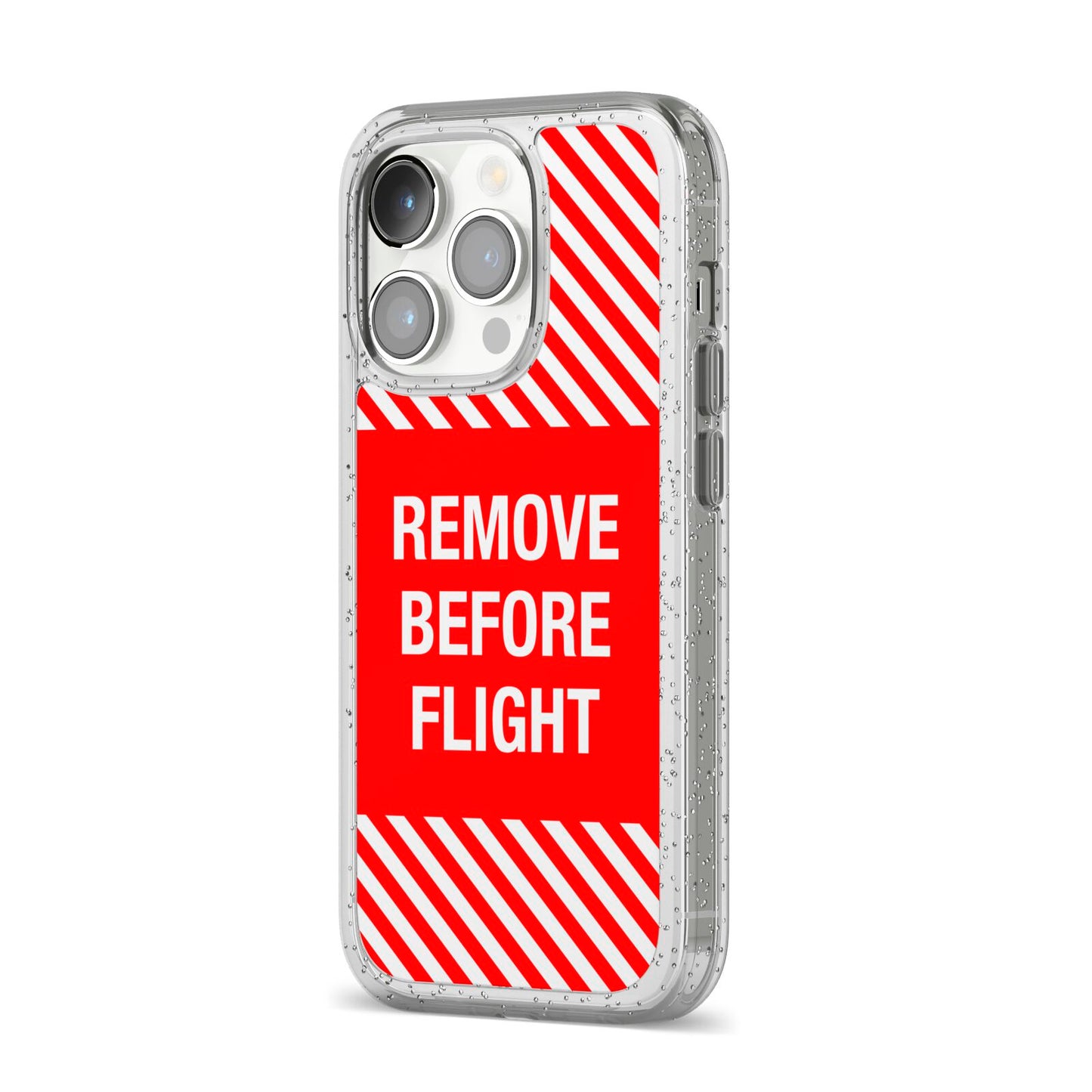 Remove Before Flight iPhone 14 Pro Glitter Tough Case Silver Angled Image