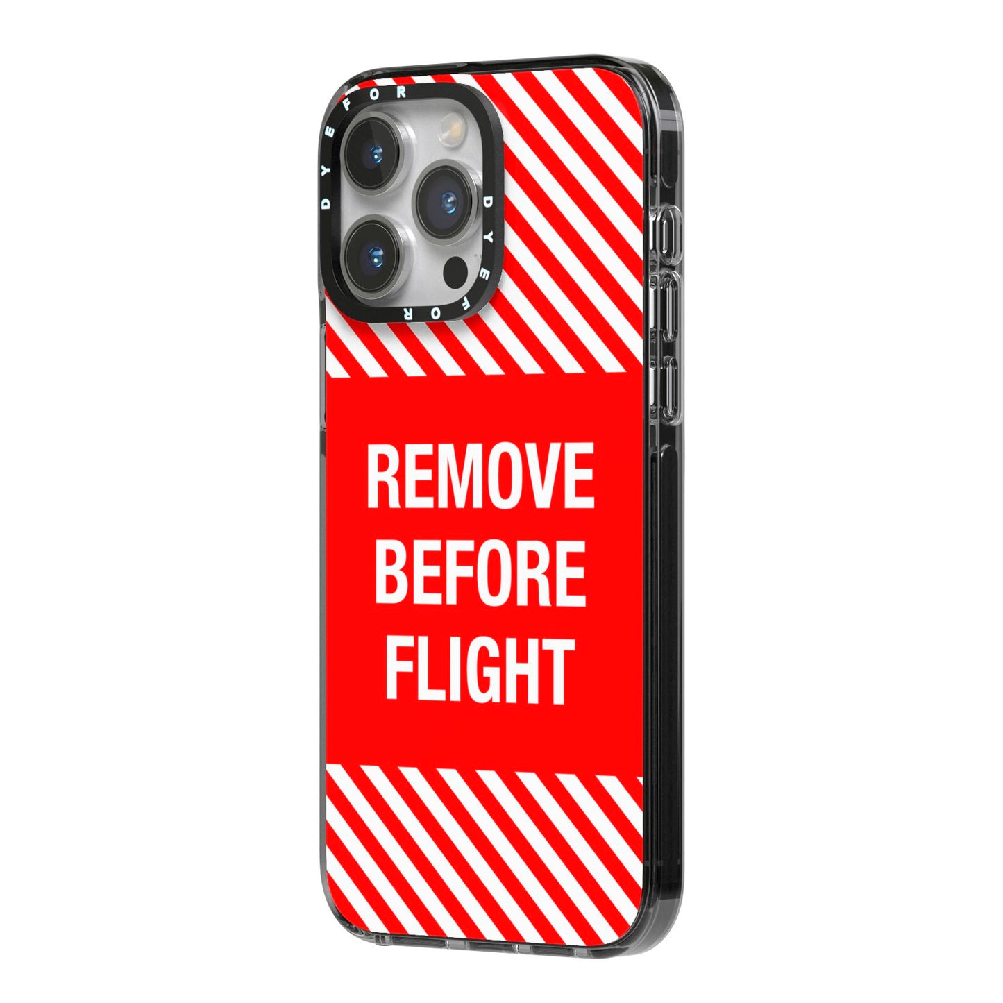 Remove Before Flight iPhone 14 Pro Max Black Impact Case Side Angle on Silver phone