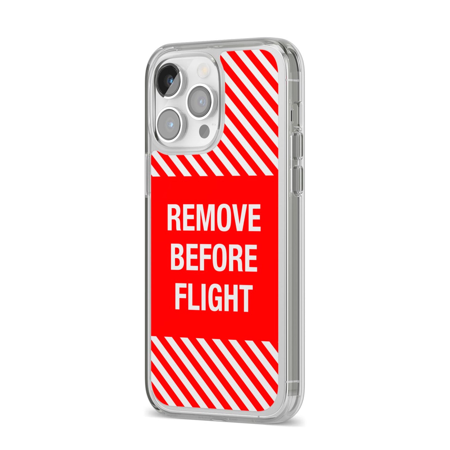 Remove Before Flight iPhone 14 Pro Max Clear Tough Case Silver Angled Image