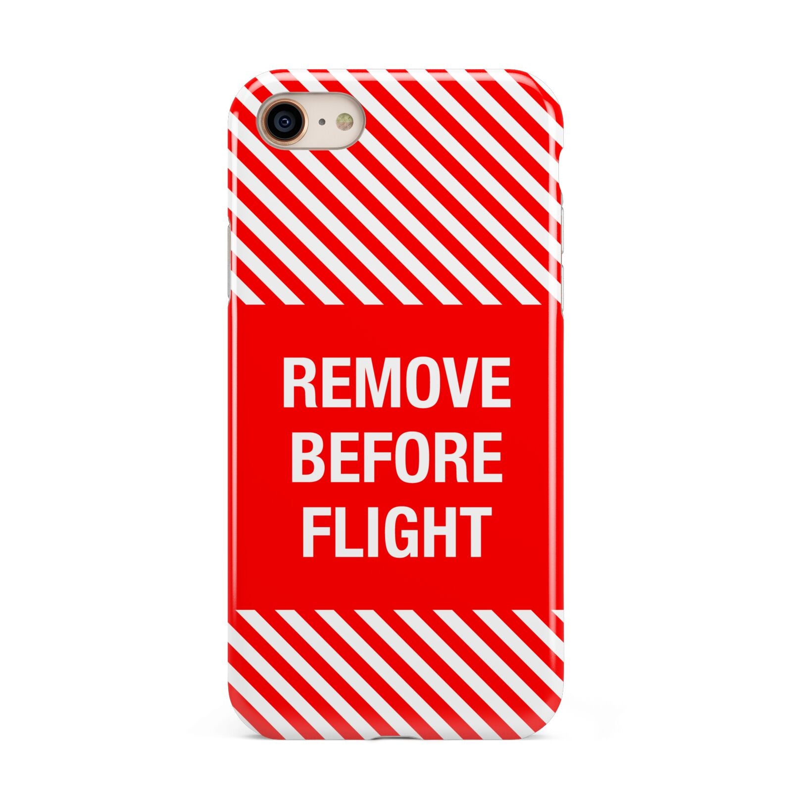 Remove Before Flight iPhone 8 3D Tough Case on Gold Phone