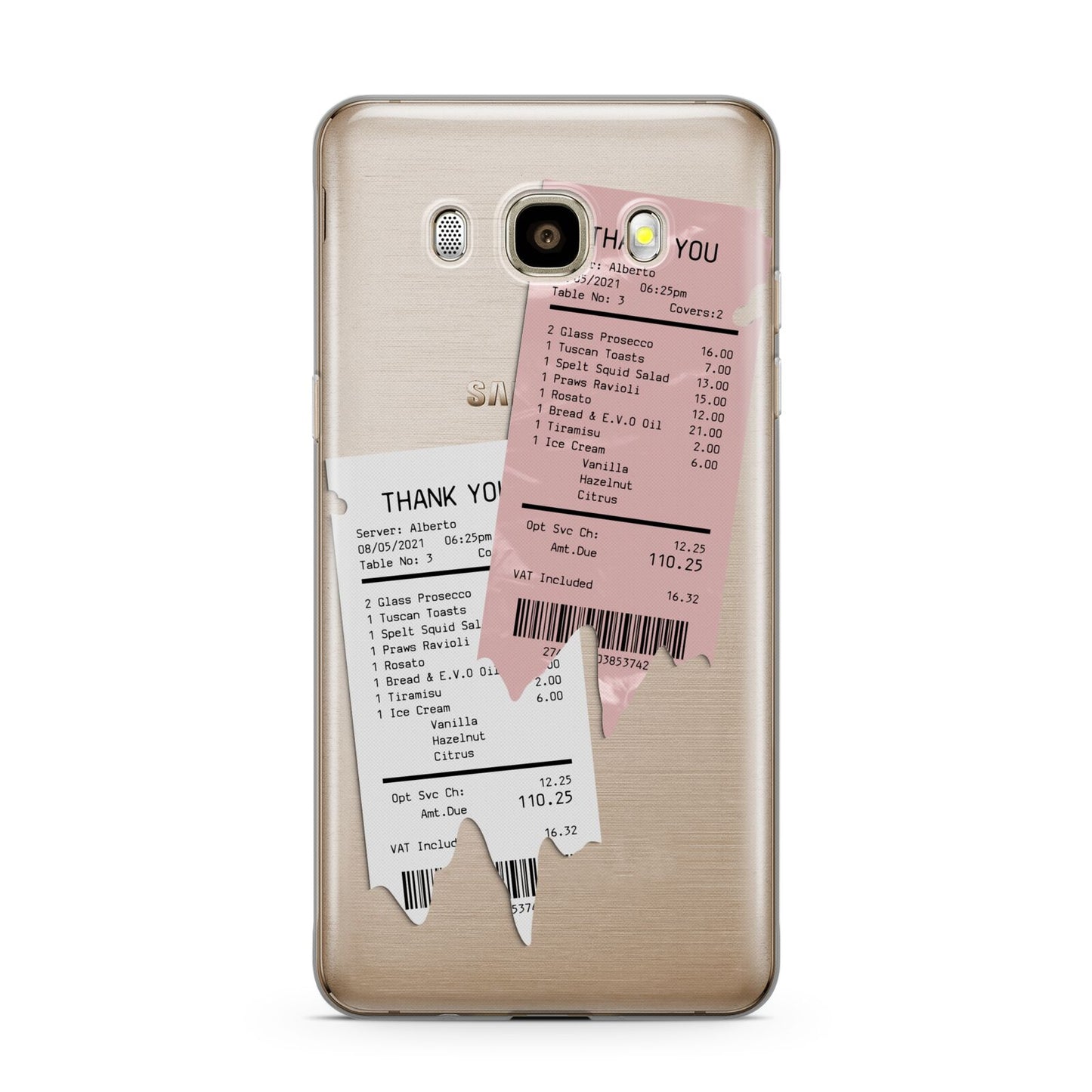 Restaurant Receipts Samsung Galaxy J7 2016 Case on gold phone