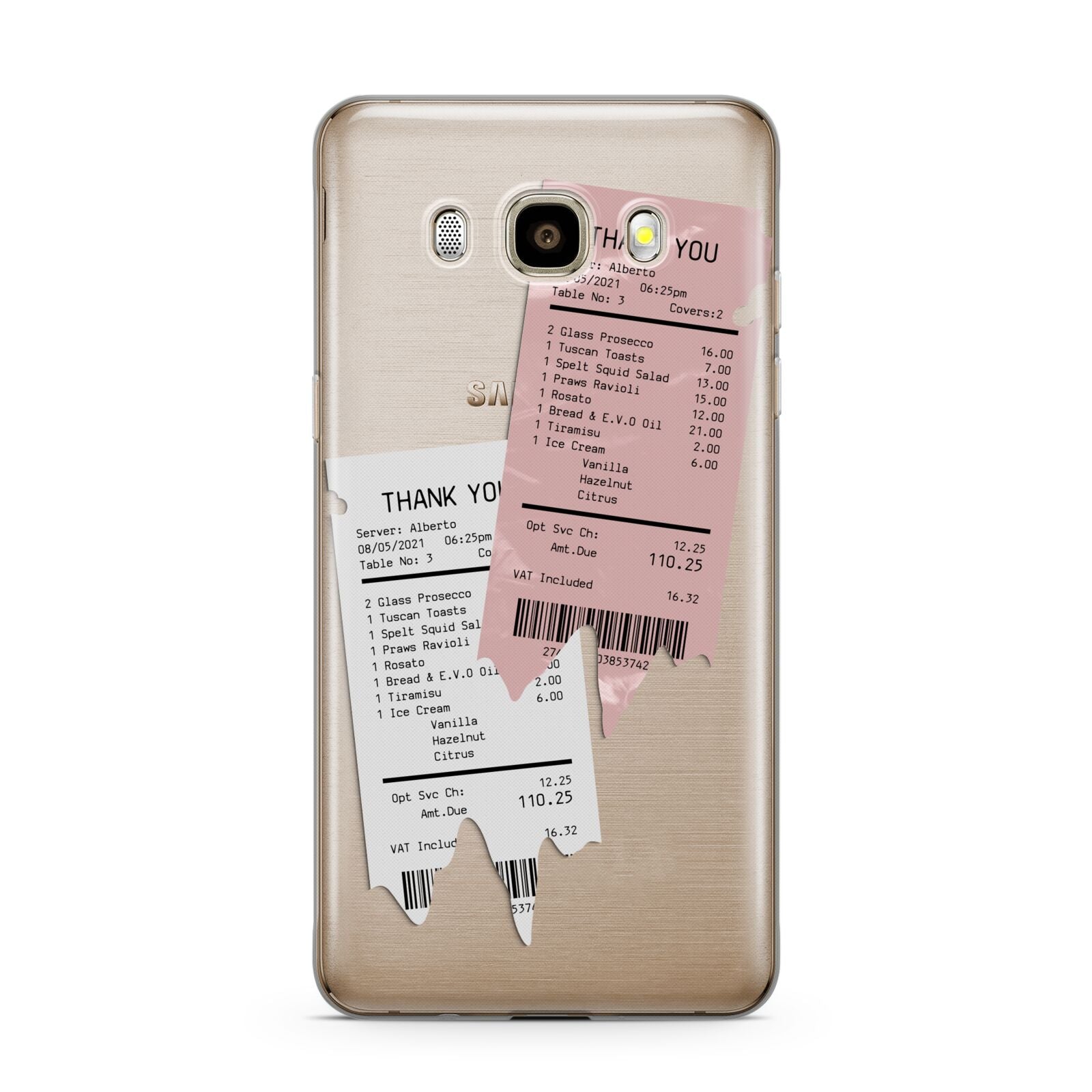 Restaurant Receipts Samsung Galaxy J7 2016 Case on gold phone