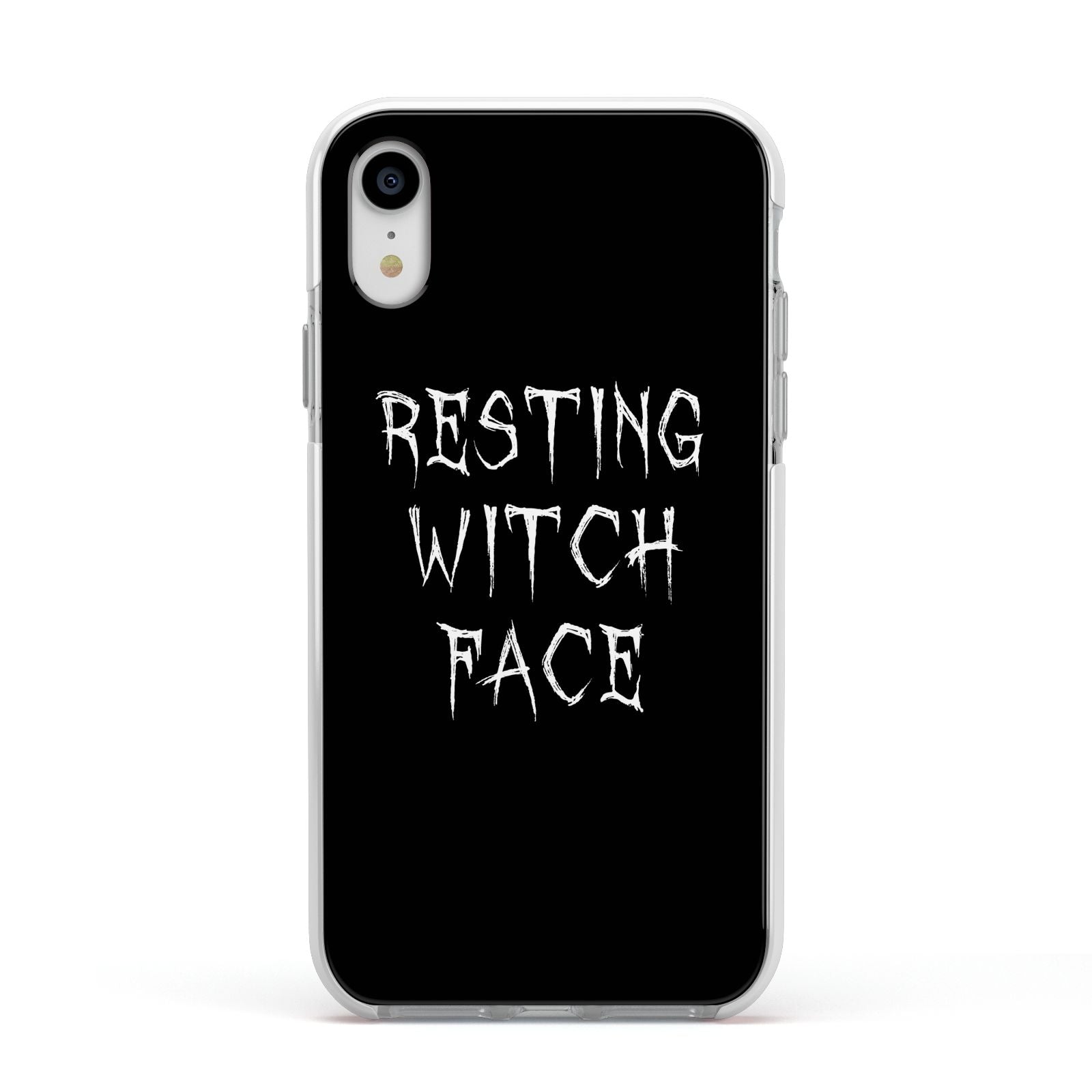 Resting Witch Face Apple iPhone XR Impact Case White Edge on Silver Phone